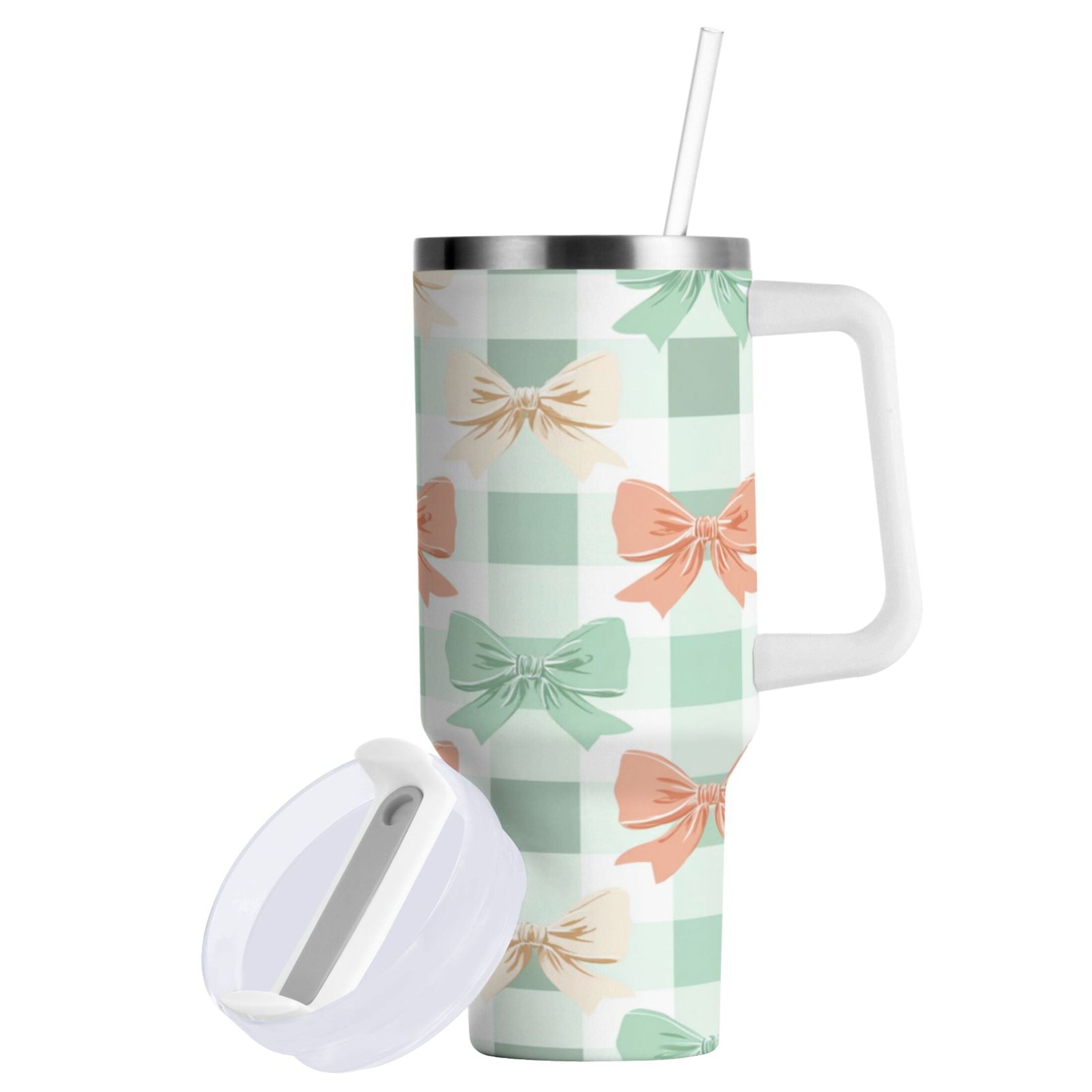 40 oz Insulated Stainless Steel Tumbler Double Wall Stainless Steel Tumbler with 2-Way Drinking Green and Peach Bow Pattern - WAL9