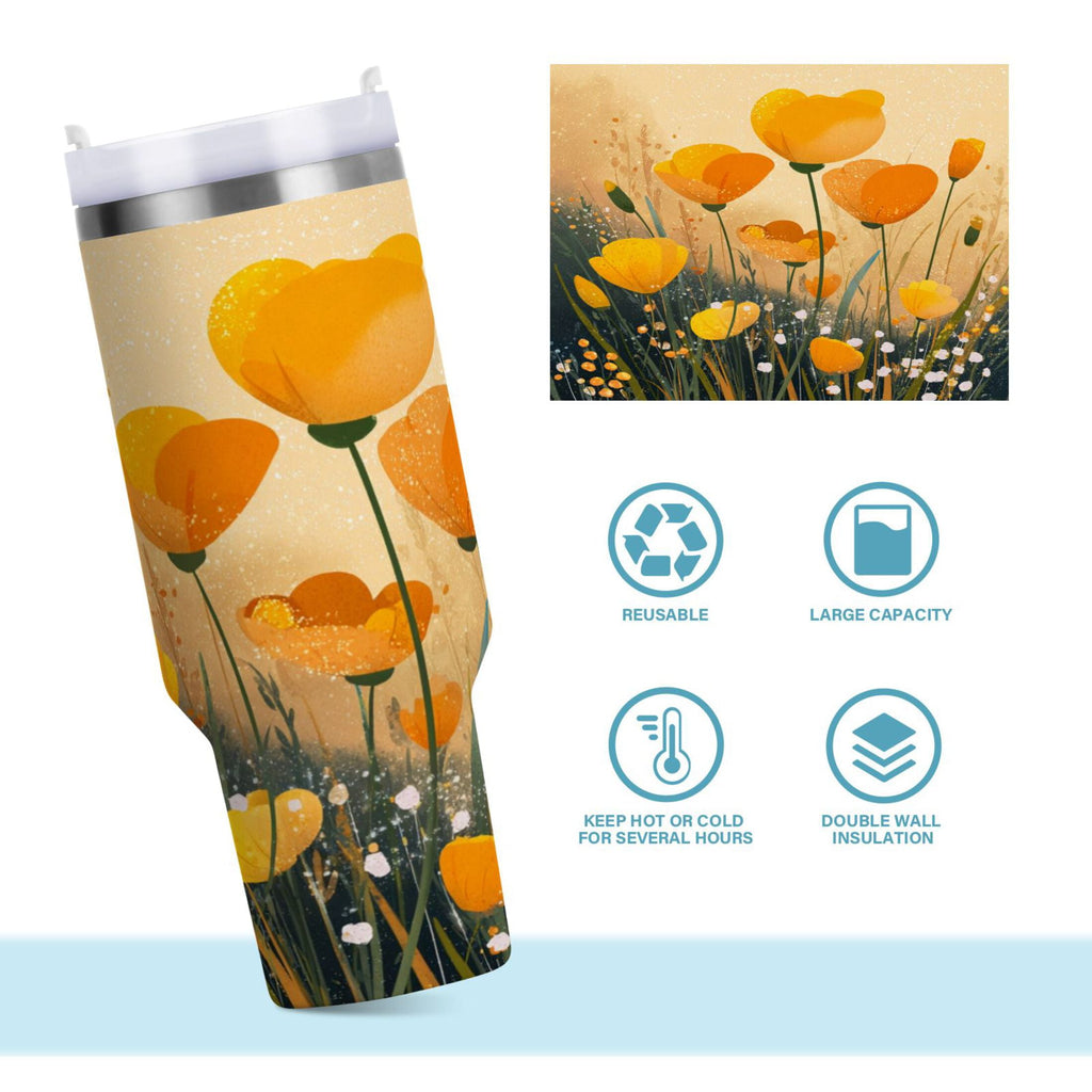 30 oz Insulated Stainless Steel Tumbler Double Wall Stainless Steel Tumbler with 2-Way Drinking Yellow Flowers on The Grass - D8TD
