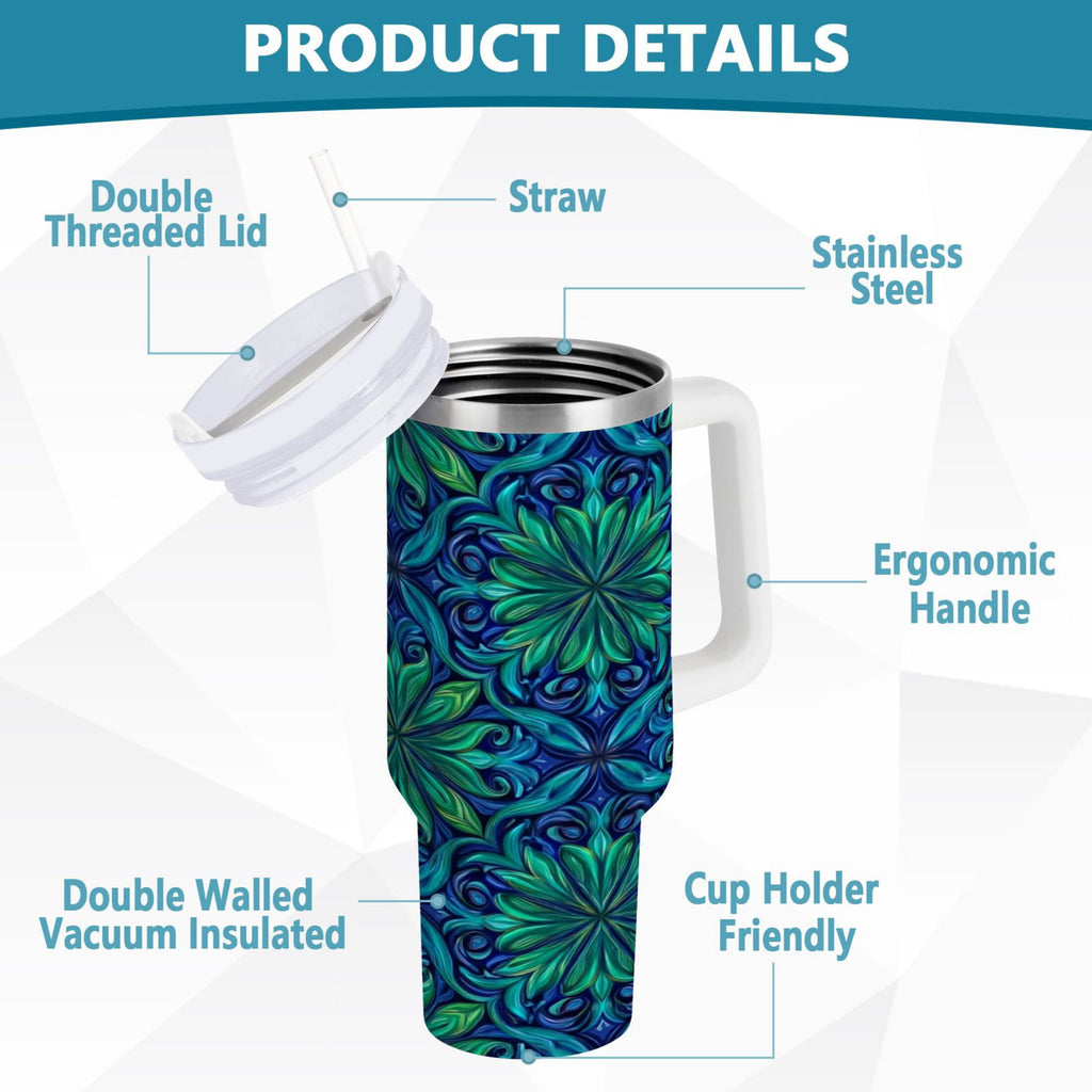 40 oz Insulated Stainless Steel Tumbler Double Wall Stainless Steel Tumbler with 2-Way Drinking Elegant Blue Traditional Patterns - KMPM