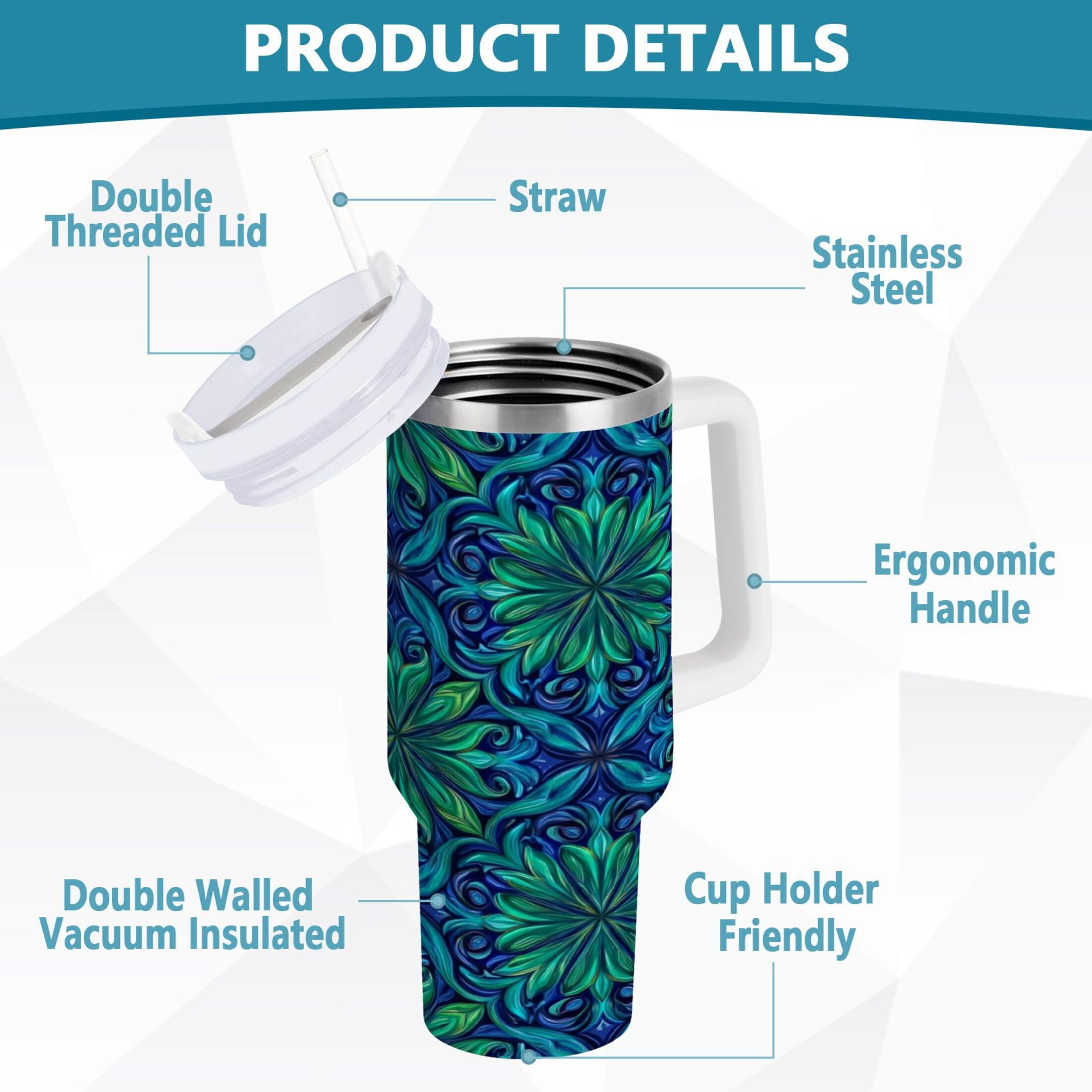 40 oz Insulated Stainless Steel Tumbler Double Wall Stainless Steel Tumbler with 2-Way Drinking Elegant Blue Traditional Patterns - KMPM