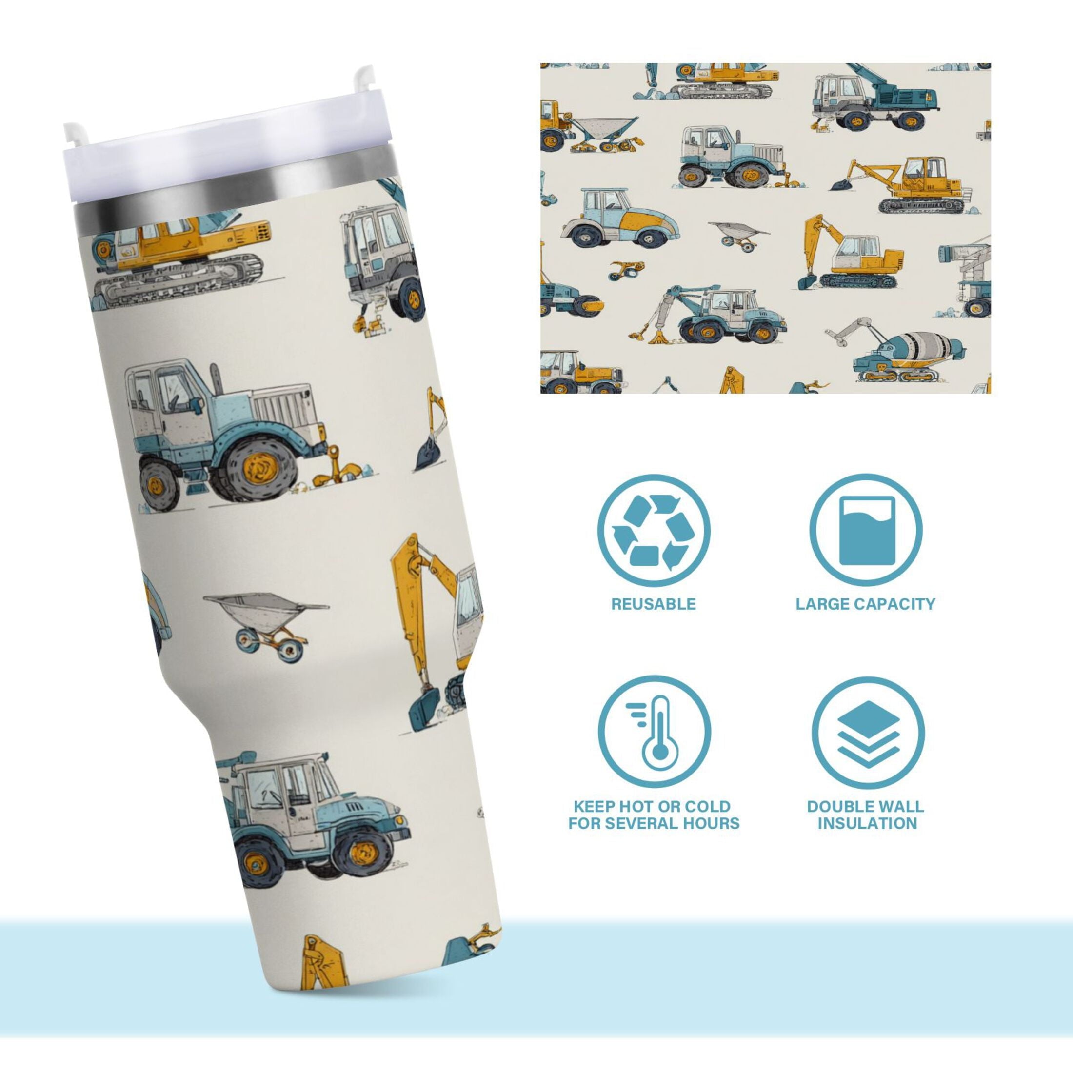 30 oz Insulated Stainless Steel Tumbler Double Wall Stainless Steel Tumbler with 2-Way Drinking Engineering Vehicle Pattern - VZVR