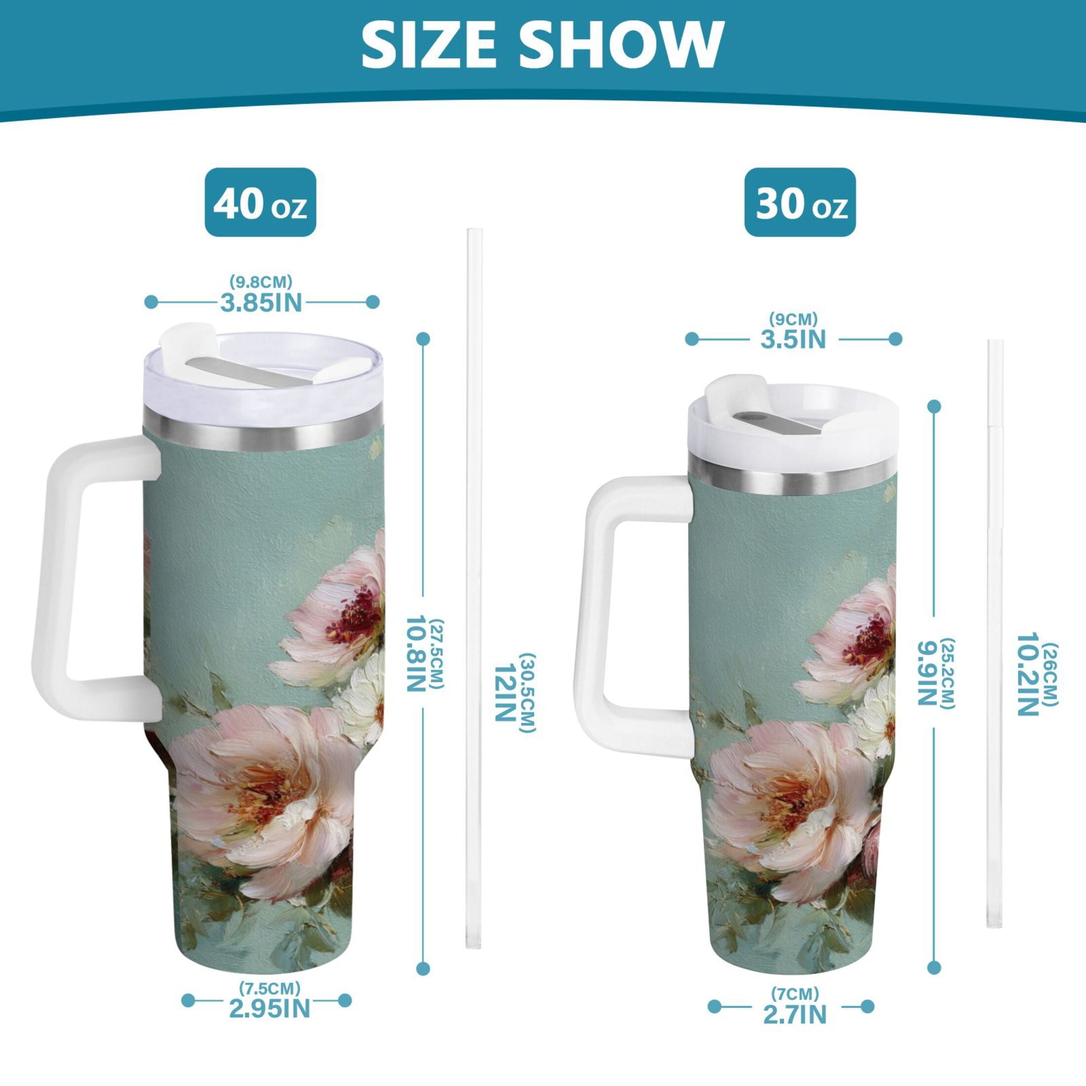 40 oz Insulated Stainless Steel Tumbler Double Wall Stainless Steel Tumbler with 2-Way Drinking Vintage Peonies and Daisies - KLSL