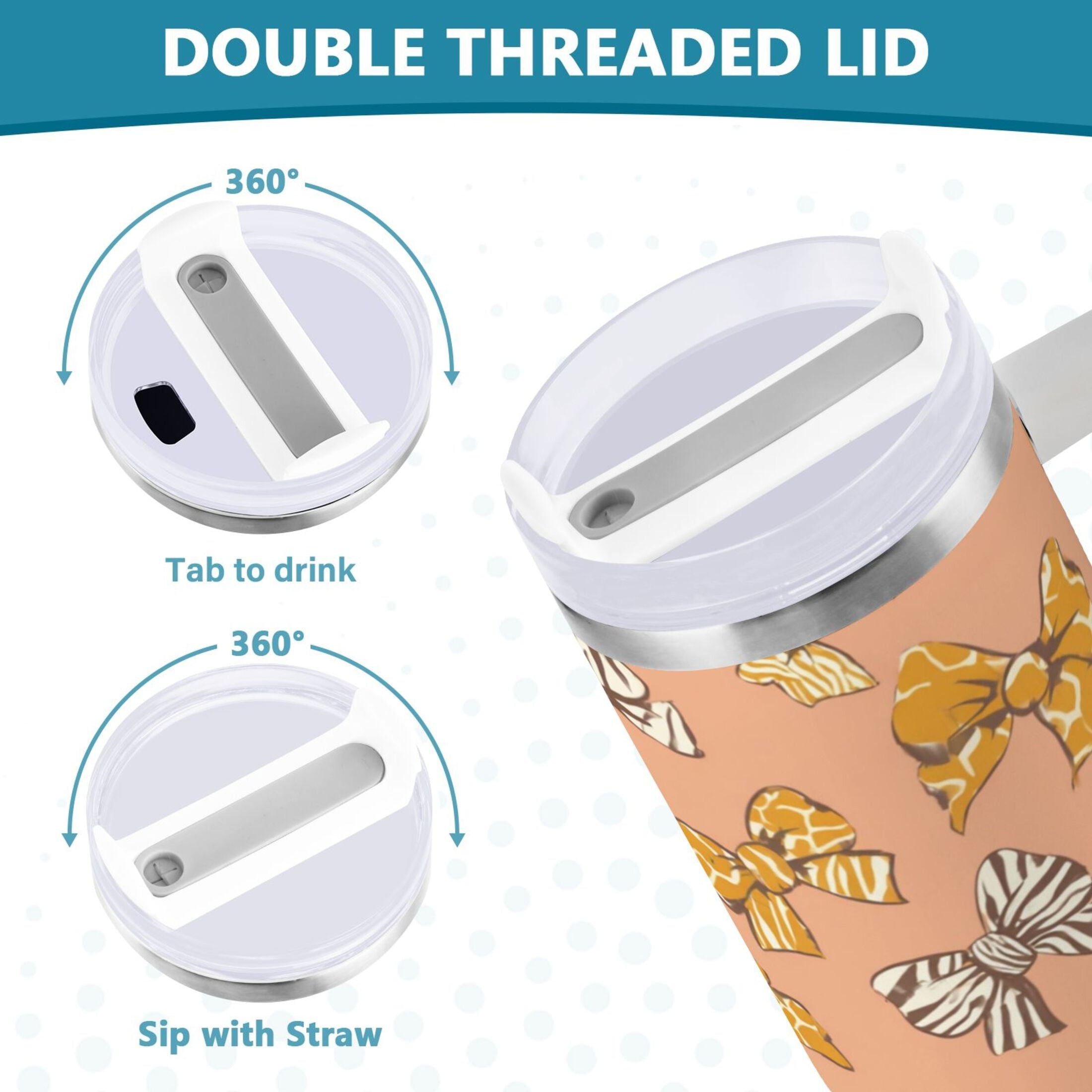 40 oz Insulated Stainless Steel Tumbler Double Wall Stainless Steel Tumbler with 2-Way Drinking Cute Animal Print Bows - 6ZPU