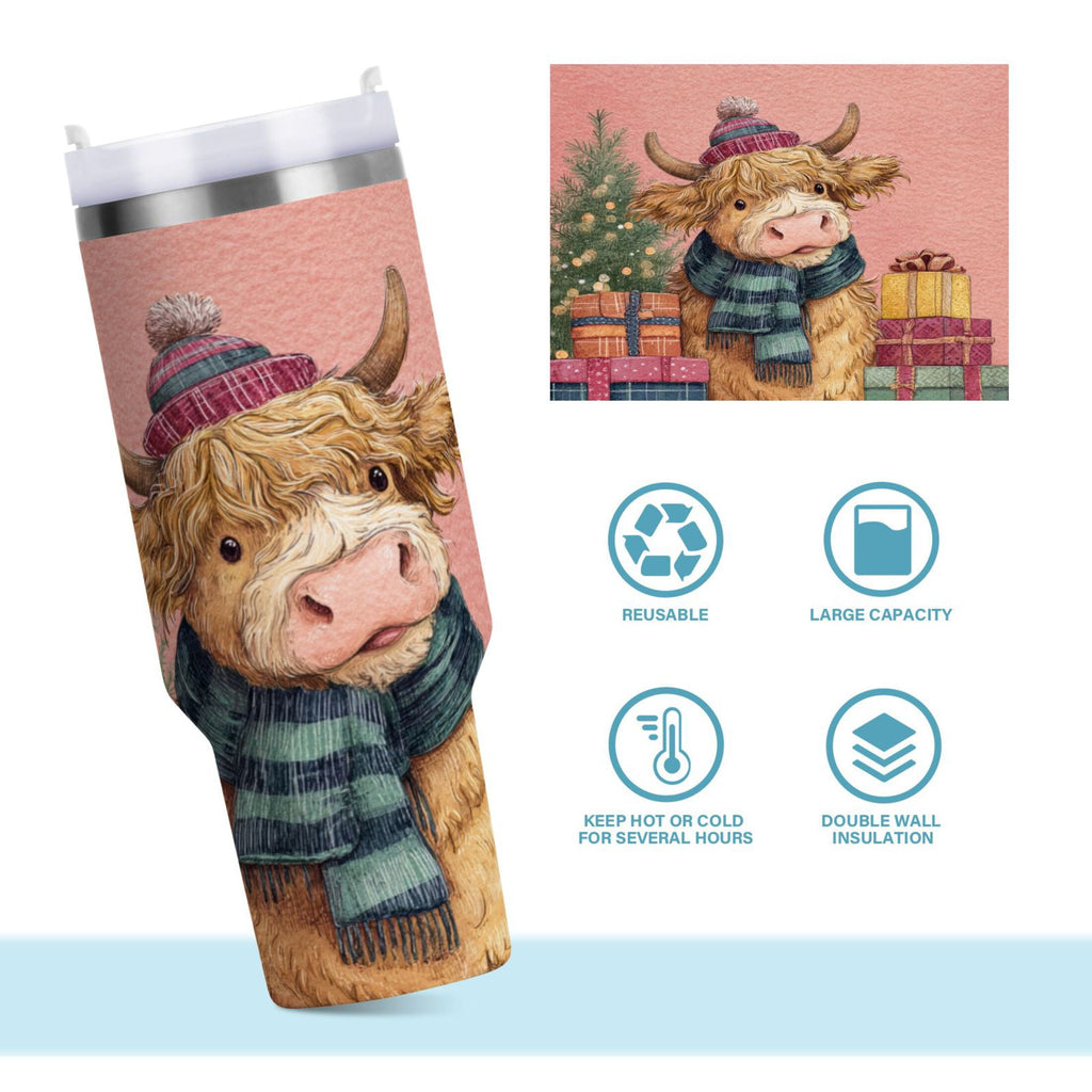 30 oz Insulated Stainless Steel Tumbler Double Wall Stainless Steel Tumbler with 2-Way Drinking Cow Wearing Scarf and Hat - RM7U
