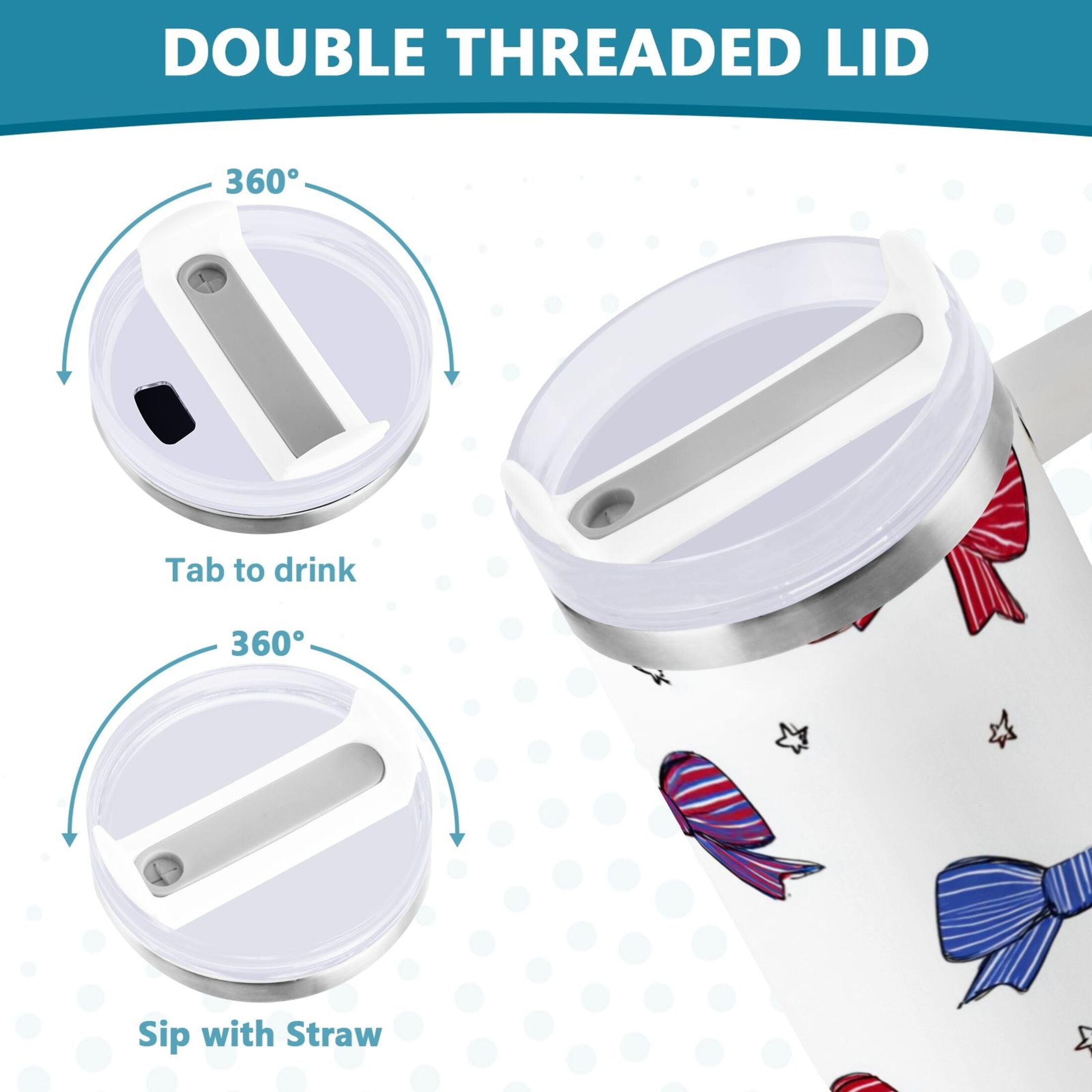30 oz Insulated Stainless Steel Tumbler Double Wall Stainless Steel Tumbler with 2-Way Drinking Red and Blue Stripe Bows - 6ZSD