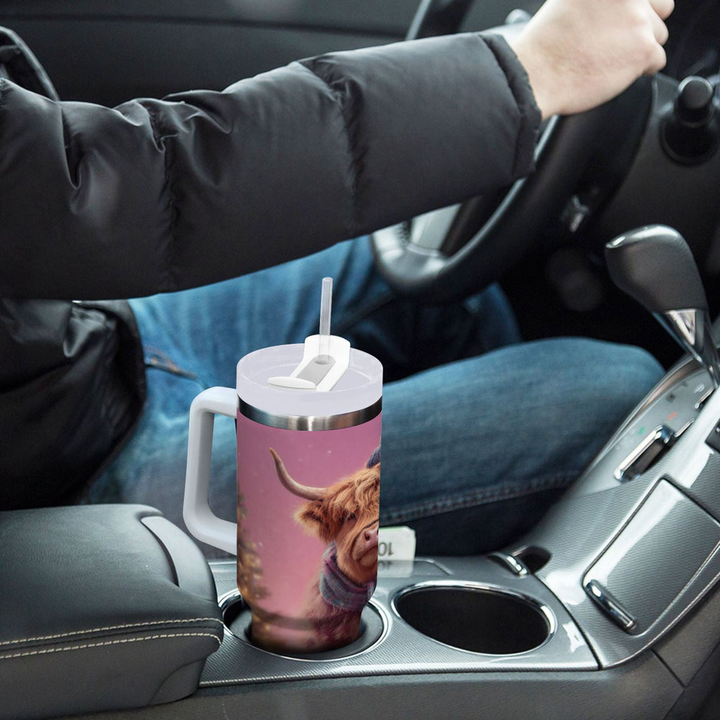 30 oz Insulated Stainless Steel Tumbler Double Wall Stainless Steel Tumbler with 2-Way Drinking Cow Wearing Christmas - 6PSV