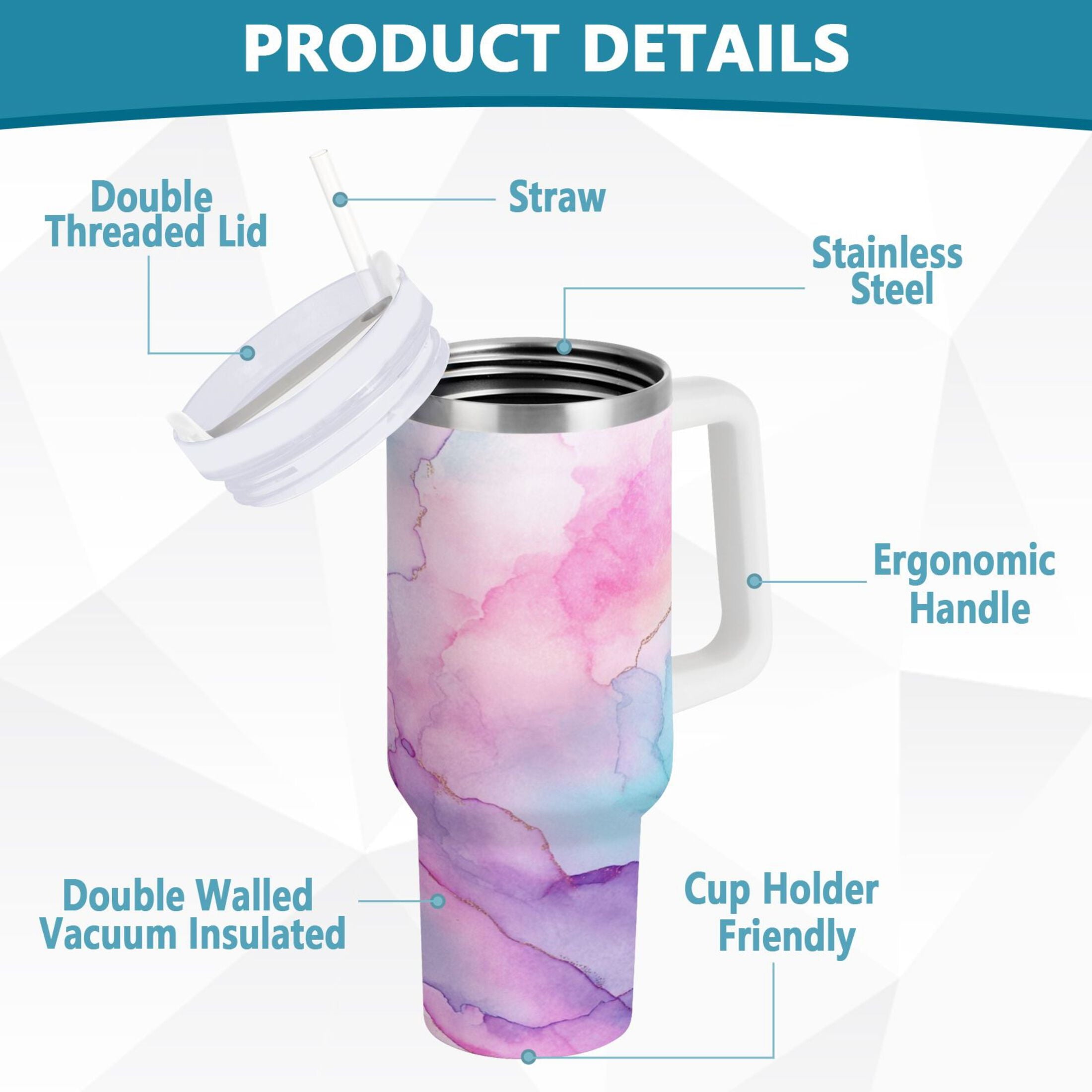 30 oz Insulated Stainless Steel Tumbler Double Wall Stainless Steel Tumbler with 2-Way Drinking Pastel Pink Marble Texture - F7A4
