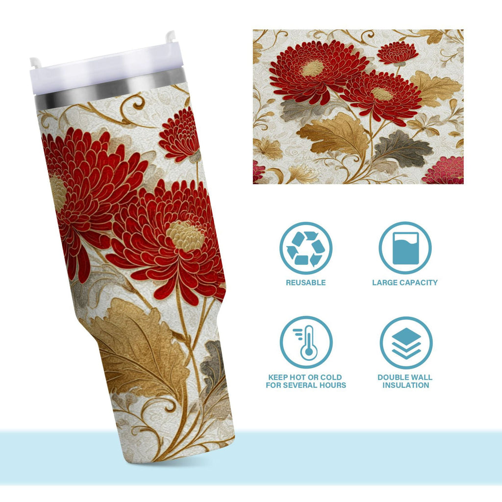 30 oz Insulated Stainless Steel Tumbler Double Wall Stainless Steel Tumbler with 2-Way Drinking Red Chrysanthemum Pattern - APW8
