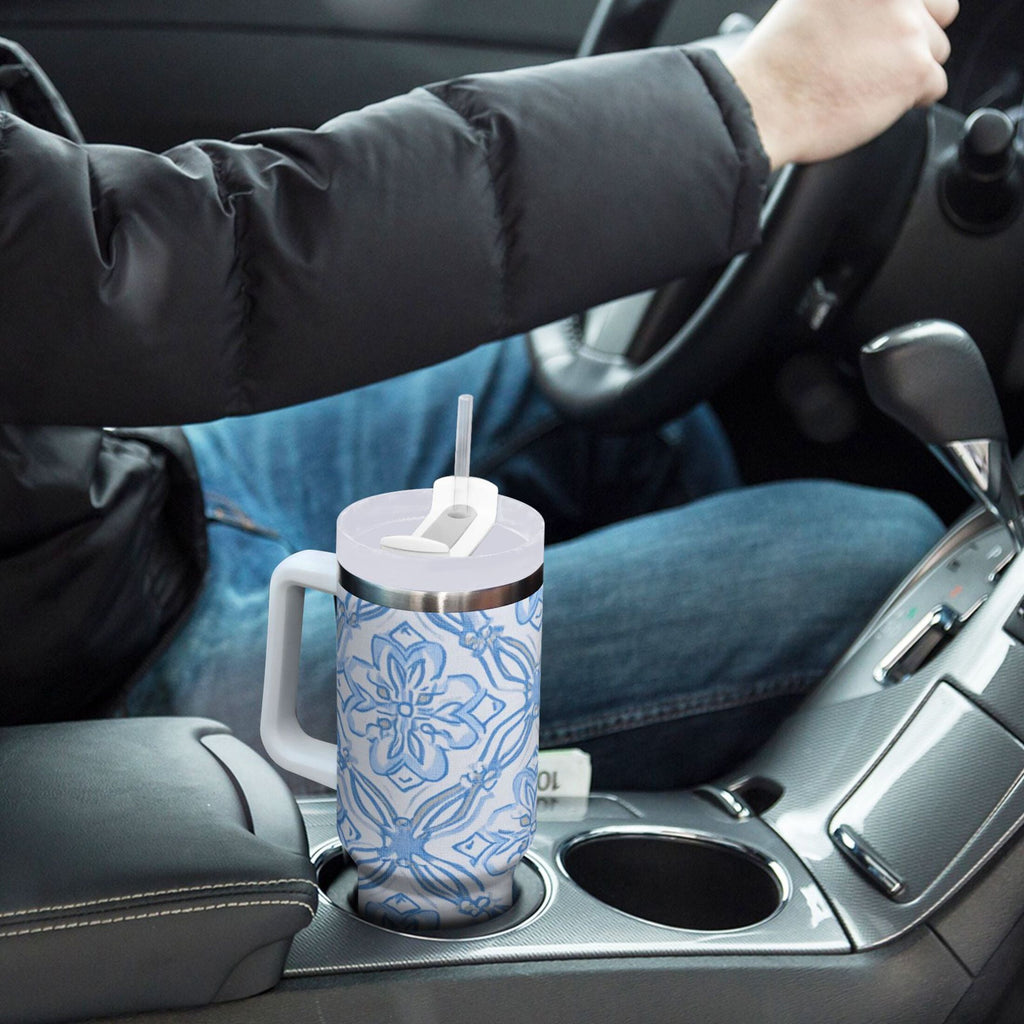 30 oz Insulated Stainless Steel Tumbler Double Wall Stainless Steel Tumbler with 2-Way Drinking Blue Elegant Geometric Design - VATX