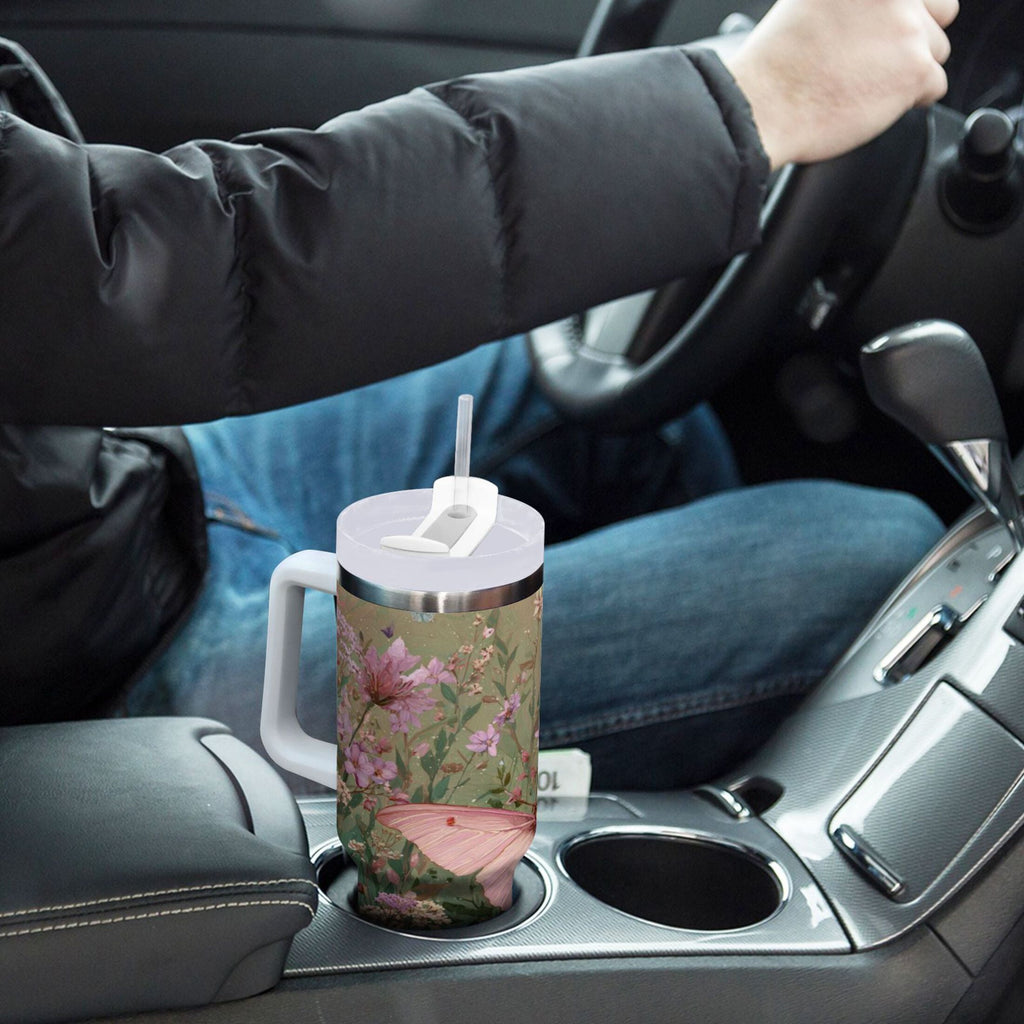 30 oz Insulated Stainless Steel Tumbler Double Wall Stainless Steel Tumbler with 2-Way Drinking Delicate Butterfly - A5SF
