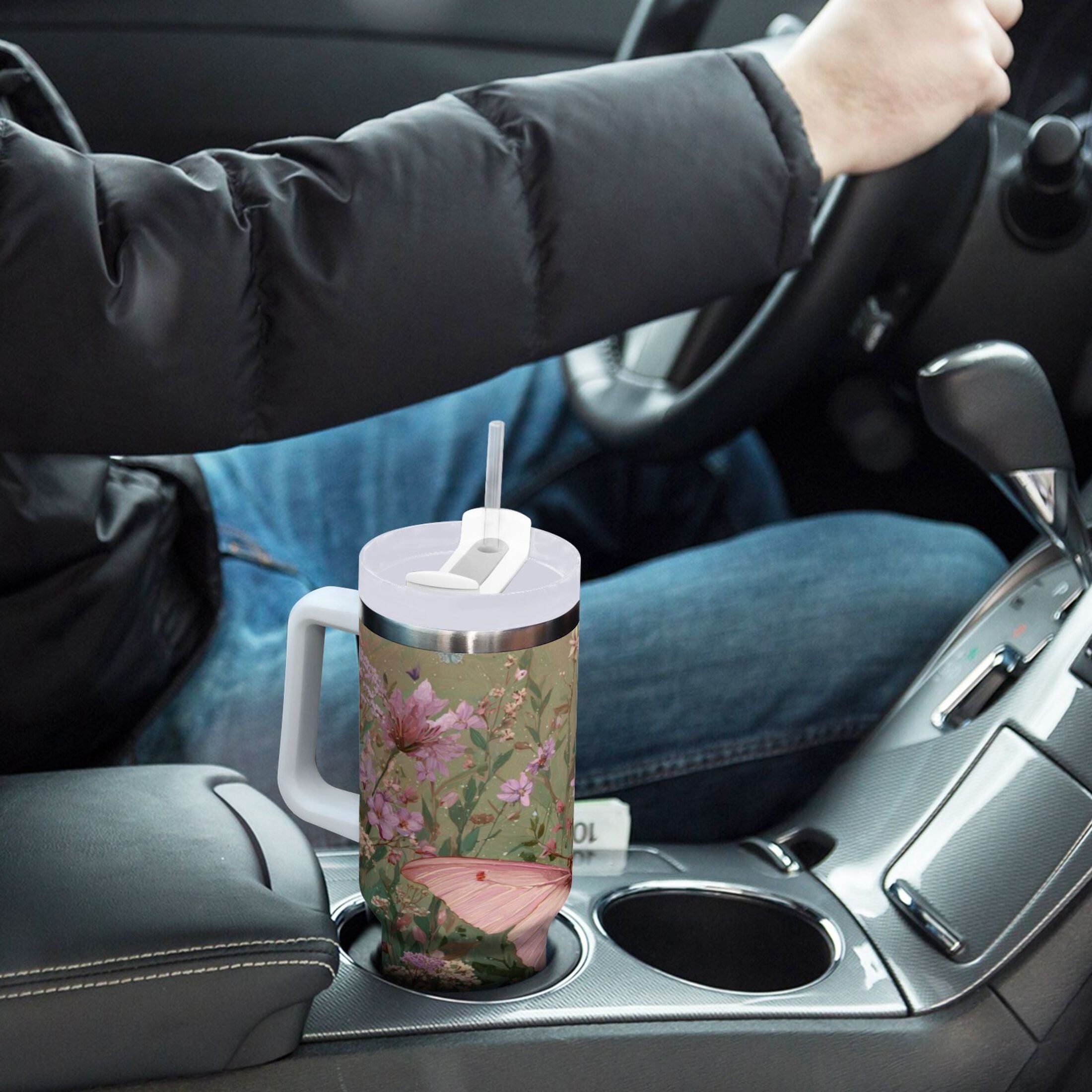 30 oz Insulated Stainless Steel Tumbler Double Wall Stainless Steel Tumbler with 2-Way Drinking Delicate Butterfly - A5SF