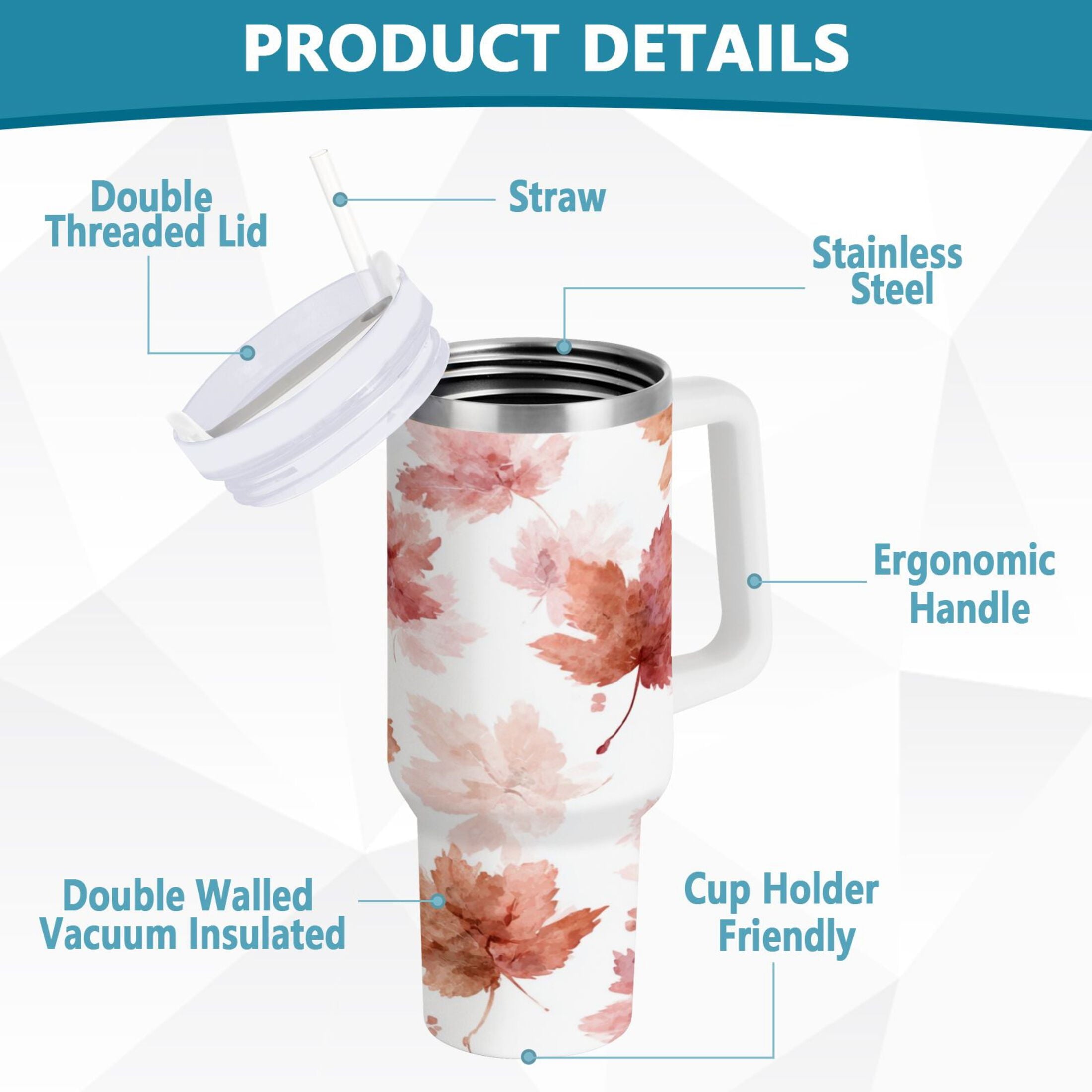 30 oz Insulated Stainless Steel Tumbler Double Wall Stainless Steel Tumbler with 2-Way Drinking Watercolor Pink Maple Leaves - 4TKM