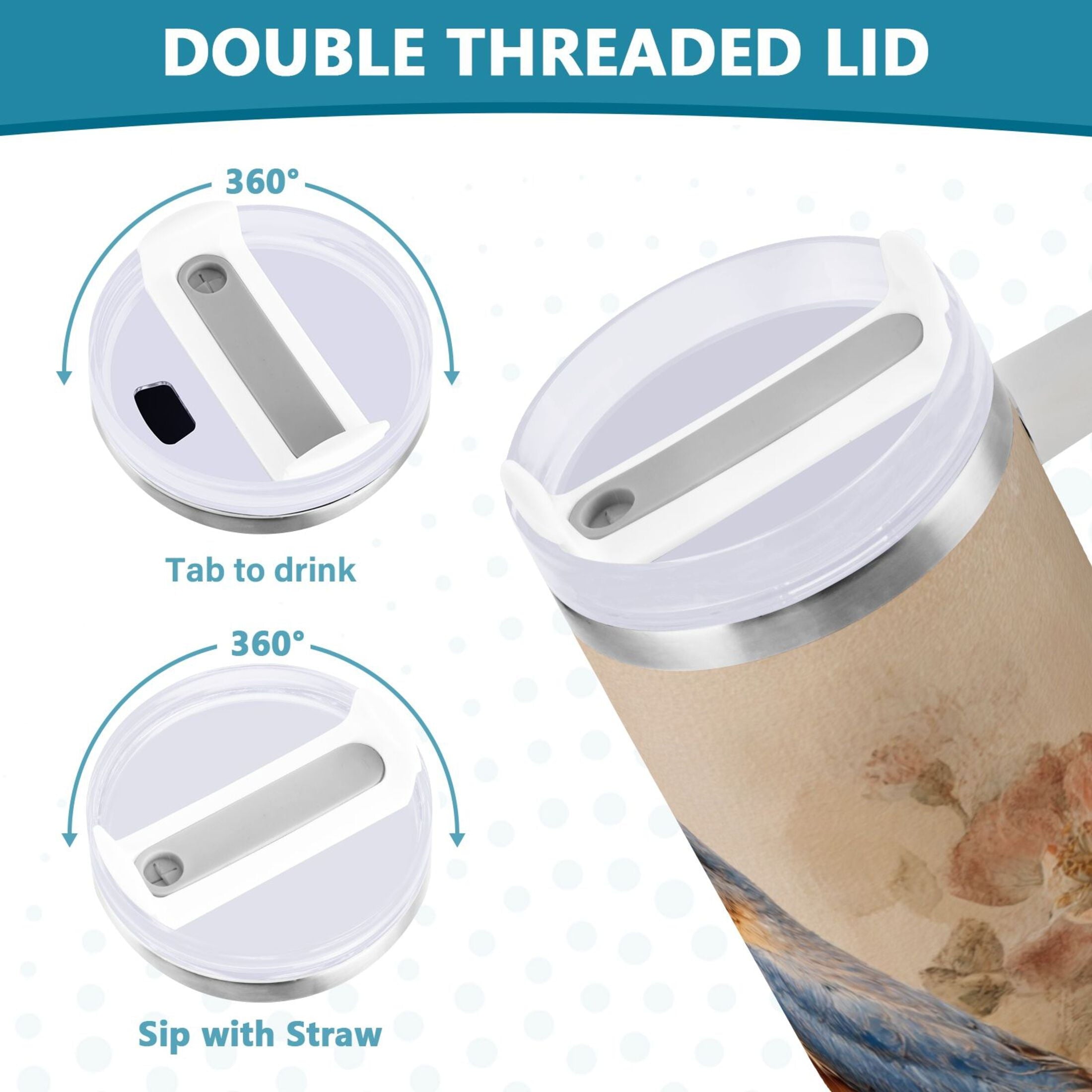 40 oz Insulated Stainless Steel Tumbler Double Wall Stainless Steel Tumbler with 2-Way Drinking Bluebird and Ancient Flowers - FNFM