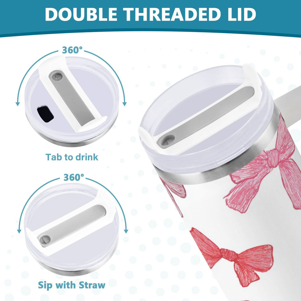 40 oz Insulated Stainless Steel Tumbler Double Wall Stainless Steel Tumbler with 2-Way Drinking Pink Bows Pattern - ENMN