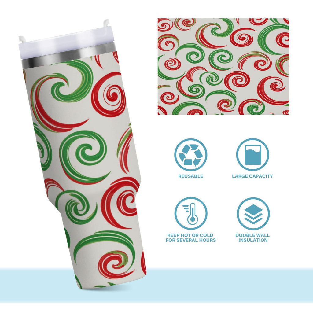 40 oz Insulated Stainless Steel Tumbler Double Wall Stainless Steel Tumbler with 2-Way Drinking Red and Green Swirls - 3TLR