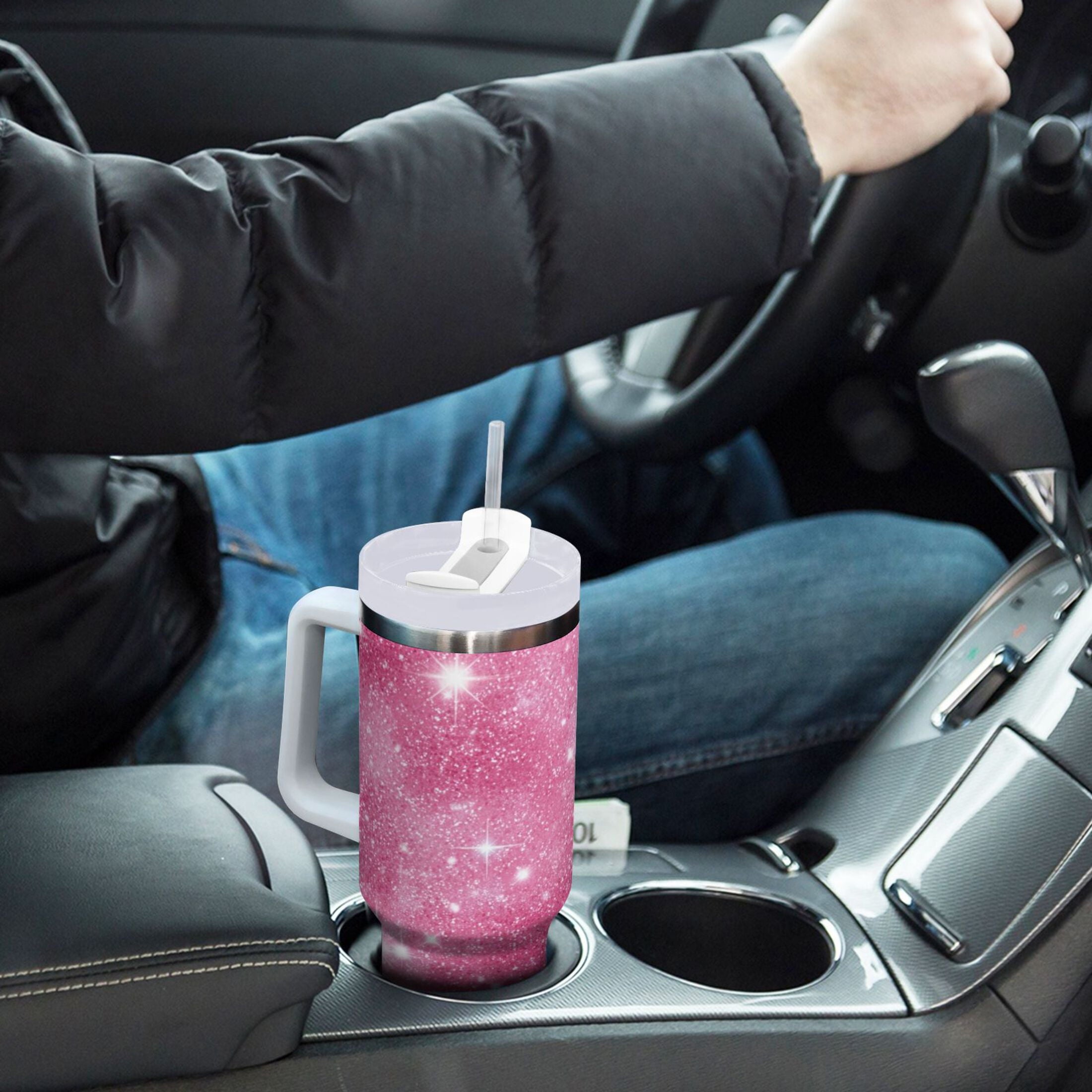 40 oz Insulated Stainless Steel Tumbler Double Wall Stainless Steel Tumbler with 2-Way Drinking Pink Glitter Background - C6RC