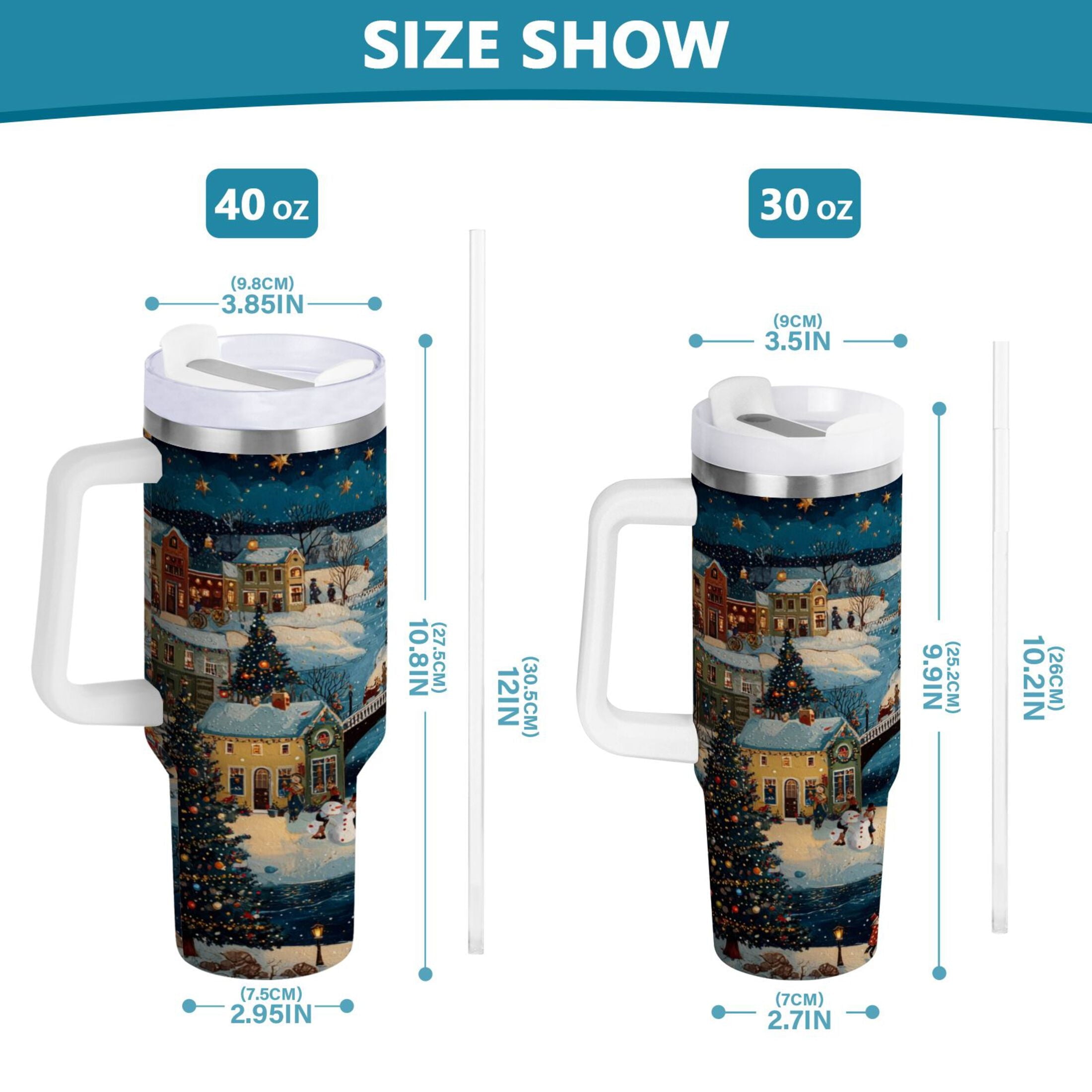 30 oz Insulated Stainless Steel Tumbler Double Wall Stainless Steel Tumbler with 2-Way Drinking Whimsical Christmas Scene - JRE3