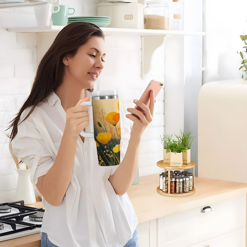 30 oz Insulated Stainless Steel Tumbler Double Wall Stainless Steel Tumbler with 2-Way Drinking Yellow Flowers on The Grass - D8TD