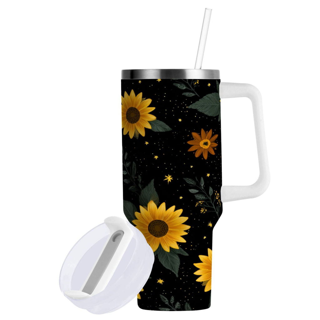 30 oz Insulated Stainless Steel Tumbler Double Wall Stainless Steel Tumbler with 2-Way Drinking Yellow Sunflower Pattern - SSJR