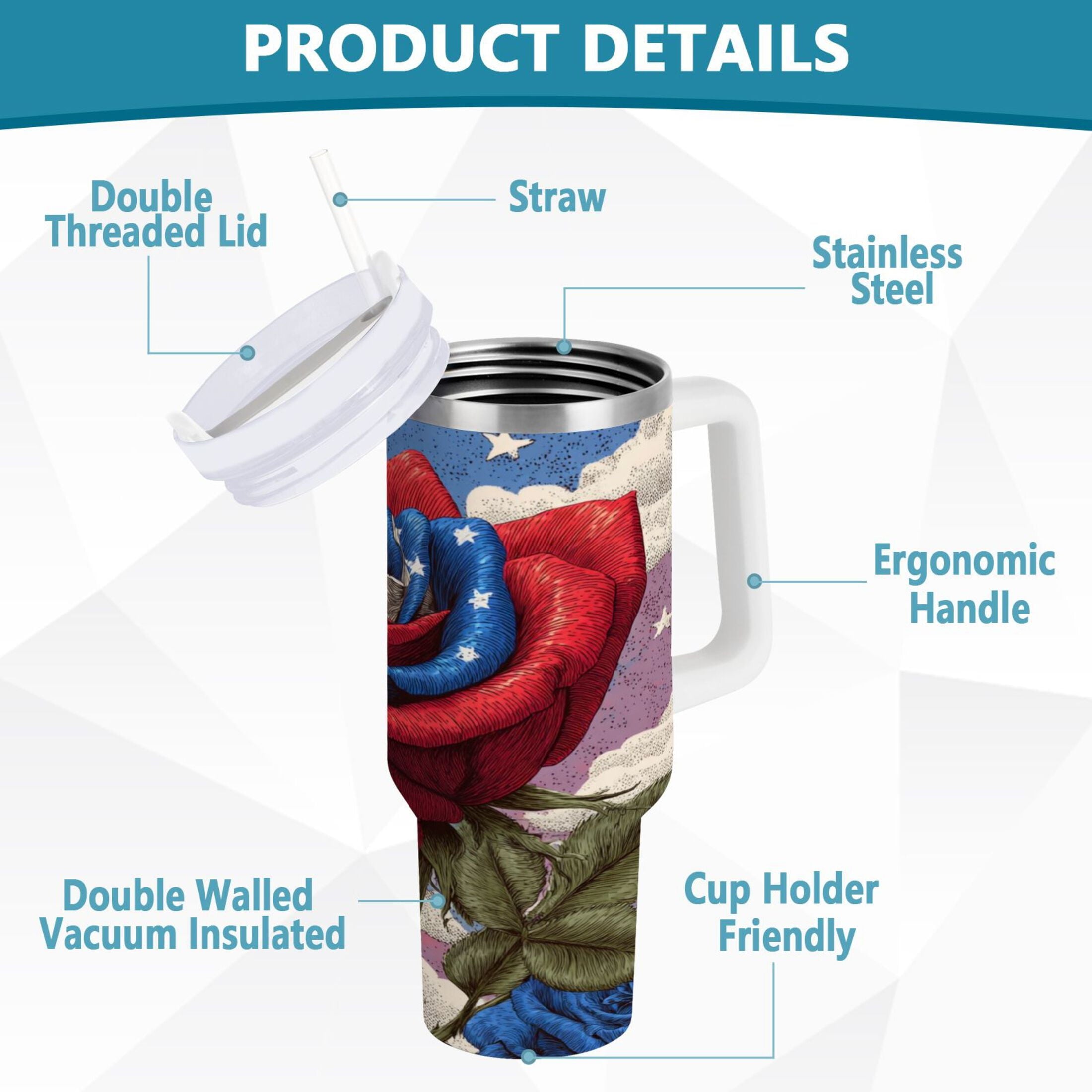 40 oz Insulated Stainless Steel Tumbler Double Wall Stainless Steel Tumbler with 2-Way Drinking Roses and Clouds - 95NT