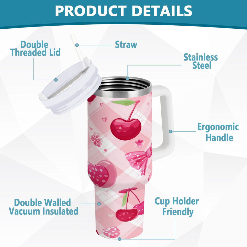 30 oz Insulated Stainless Steel Tumbler Double Wall Stainless Steel Tumbler with 2-Way Drinking Cherry and Pink Bow Pattern - MRZL