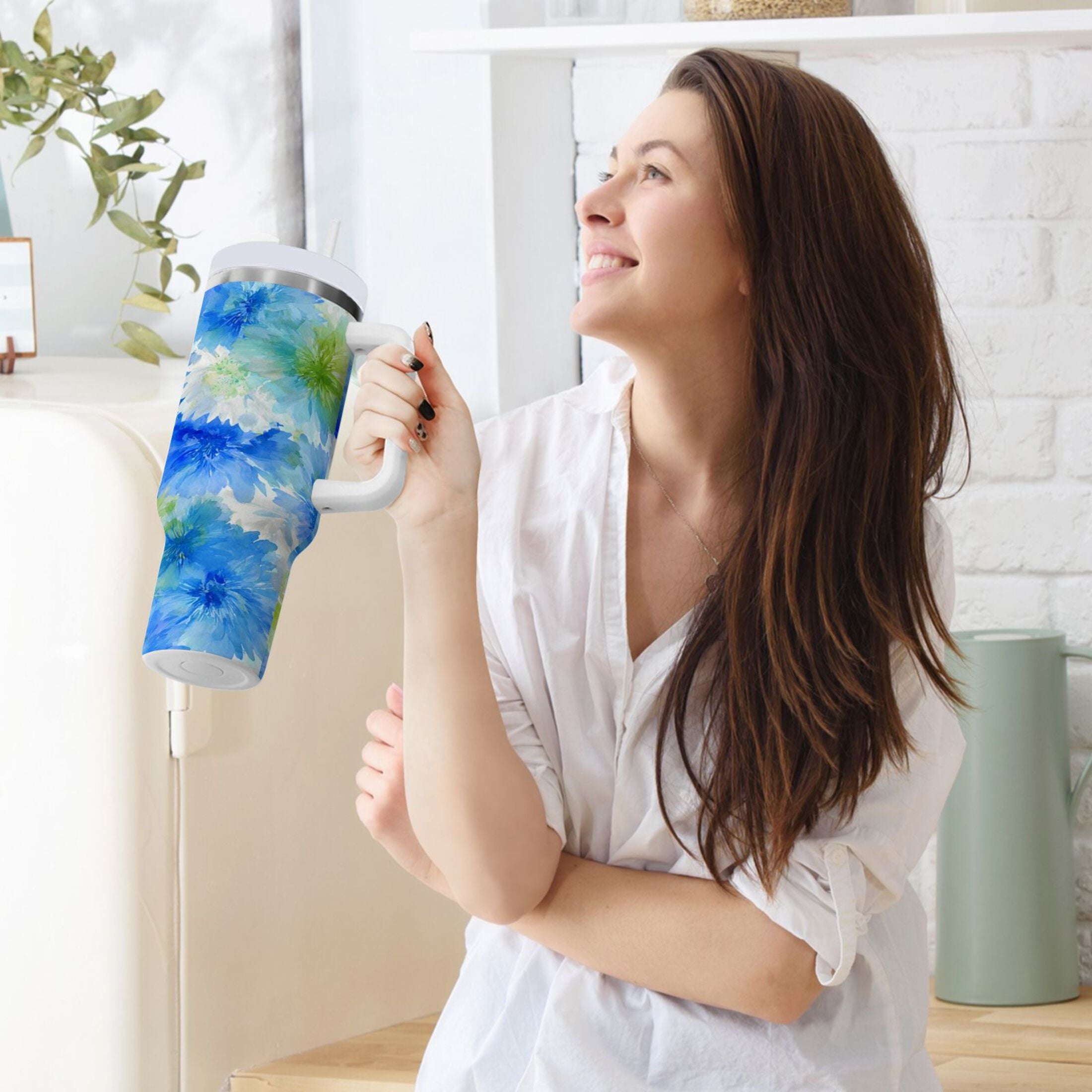 40 oz Insulated Stainless Steel Tumbler Double Wall Stainless Steel Tumbler with 2-Way Drinking Watercolor Blue Cornflowers - 475G