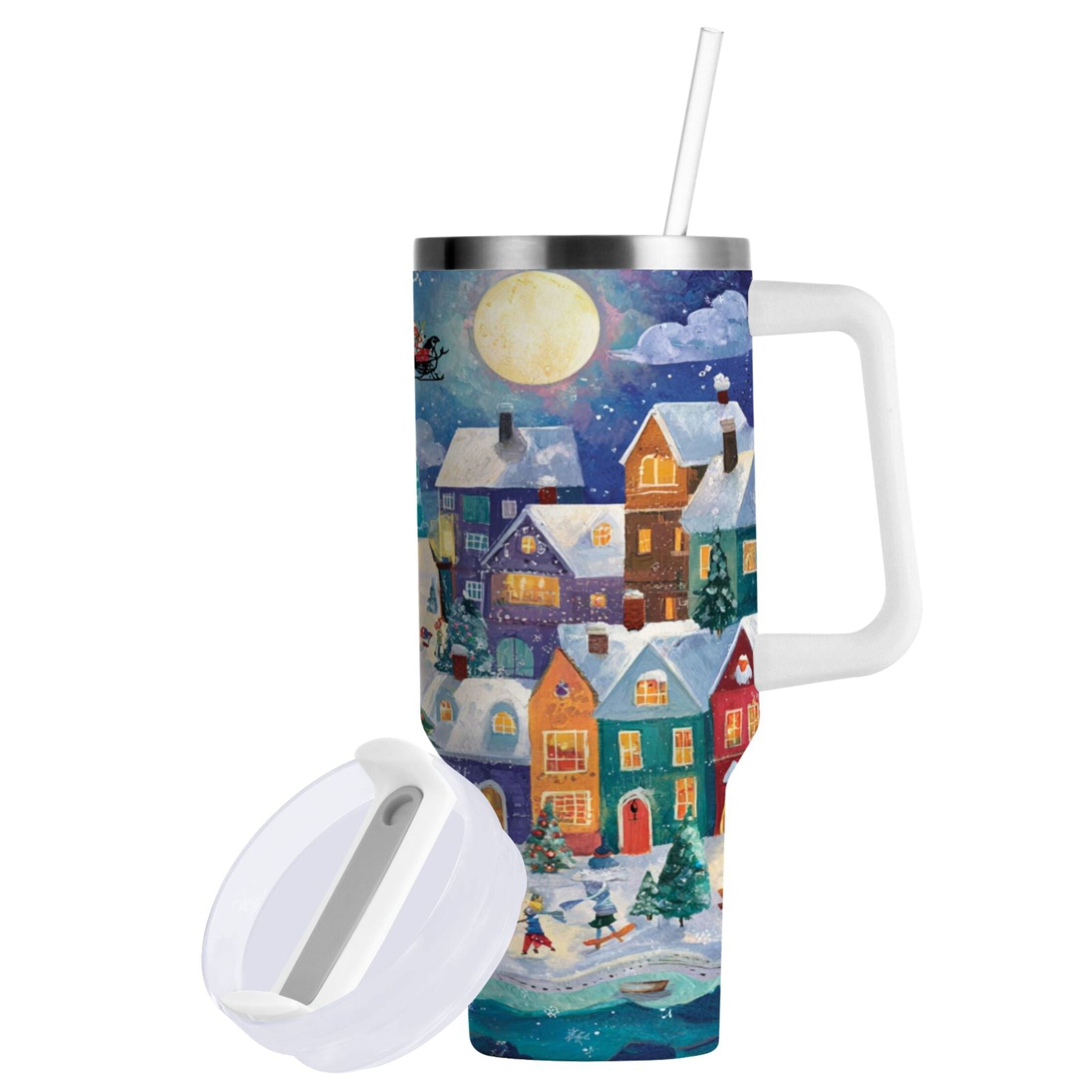 30 oz Insulated Stainless Steel Tumbler Double Wall Stainless Steel Tumbler with 2-Way Drinking Charming Christmas Scene - TZRD