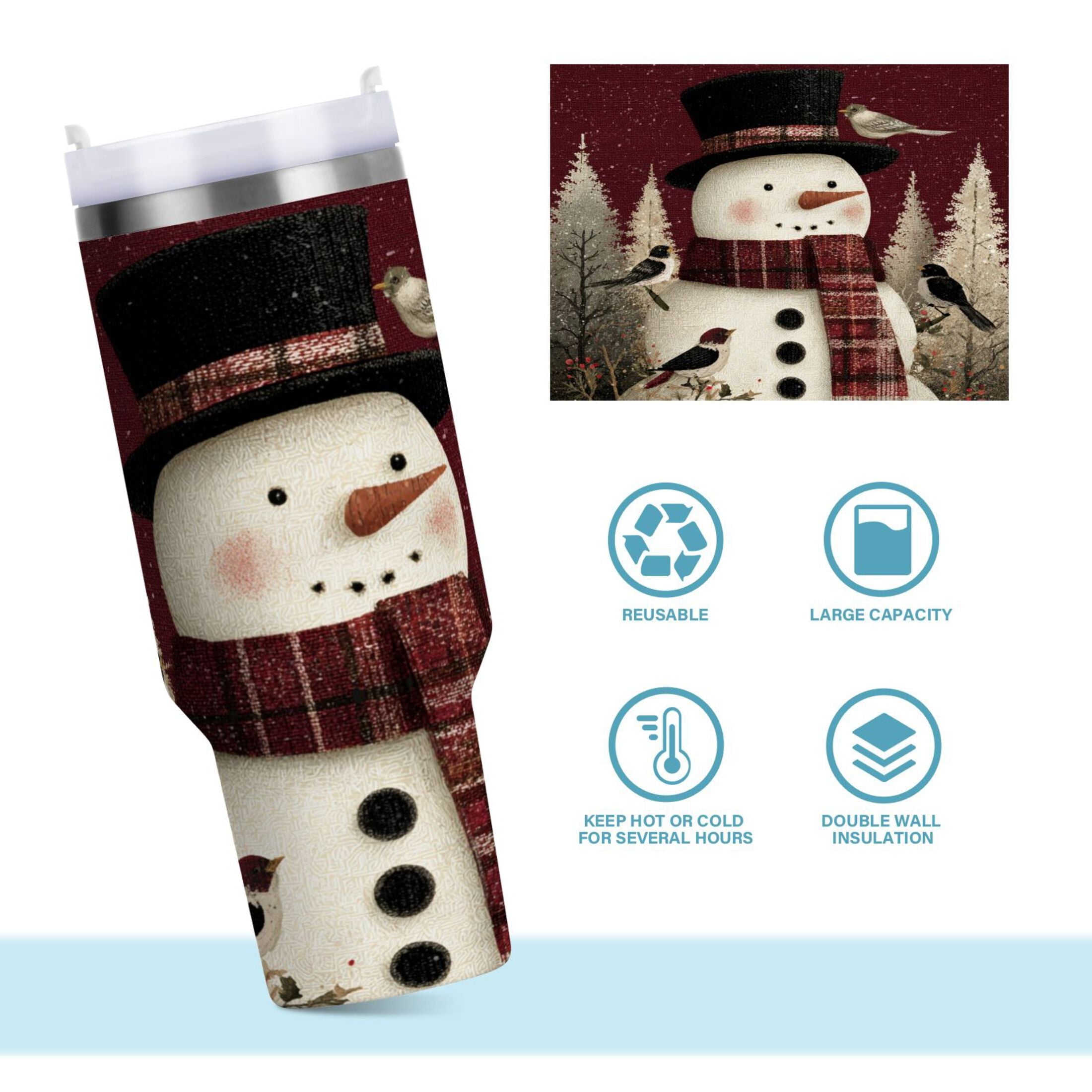 30 oz Insulated Stainless Steel Tumbler Double Wall Stainless Steel Tumbler with 2-Way Drinking Snowman and Birds - NGNC