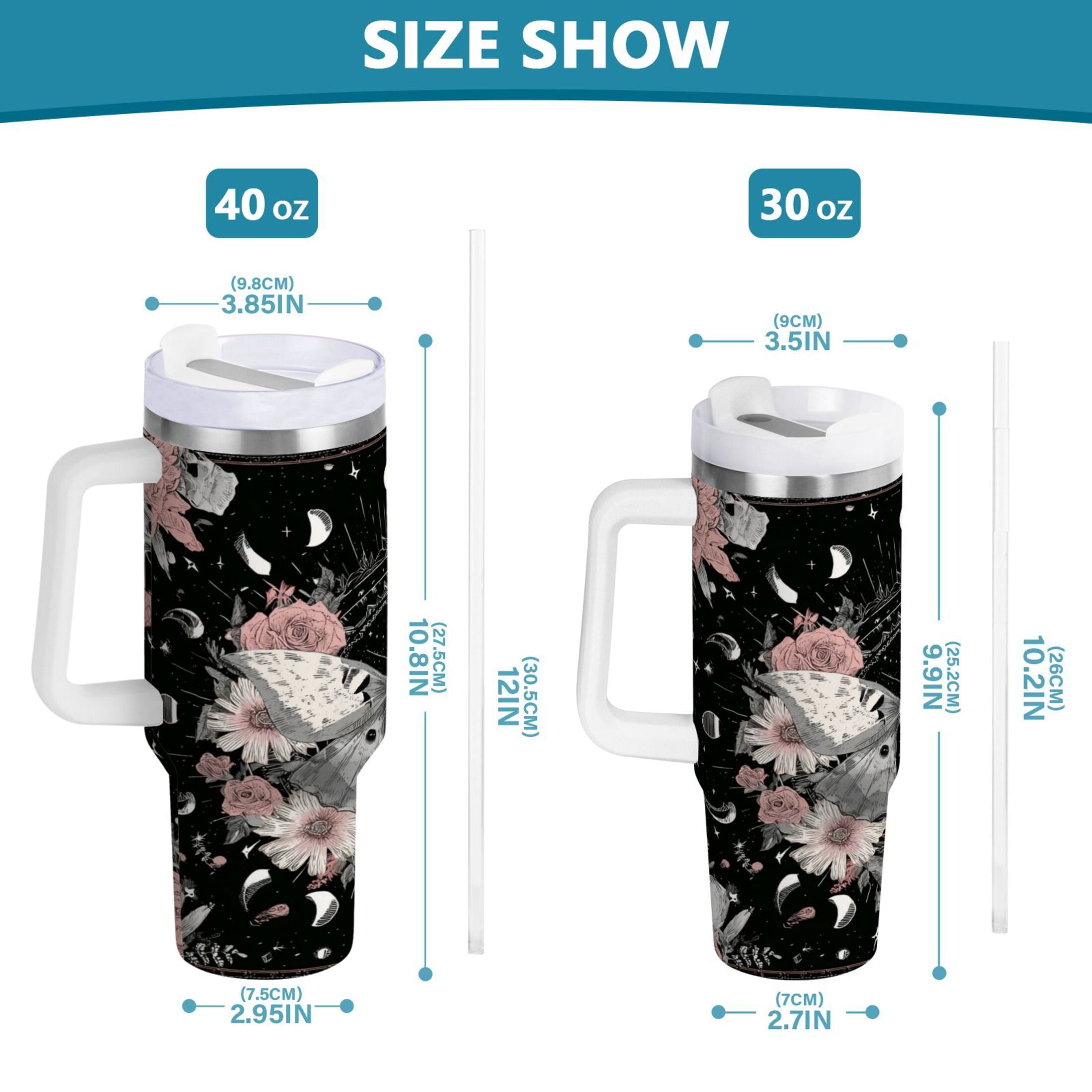 40 oz Insulated Stainless Steel Tumbler Double Wall Stainless Steel Tumbler with 2-Way Drinking Butterfly Surrounded by Flowers - 5VJE