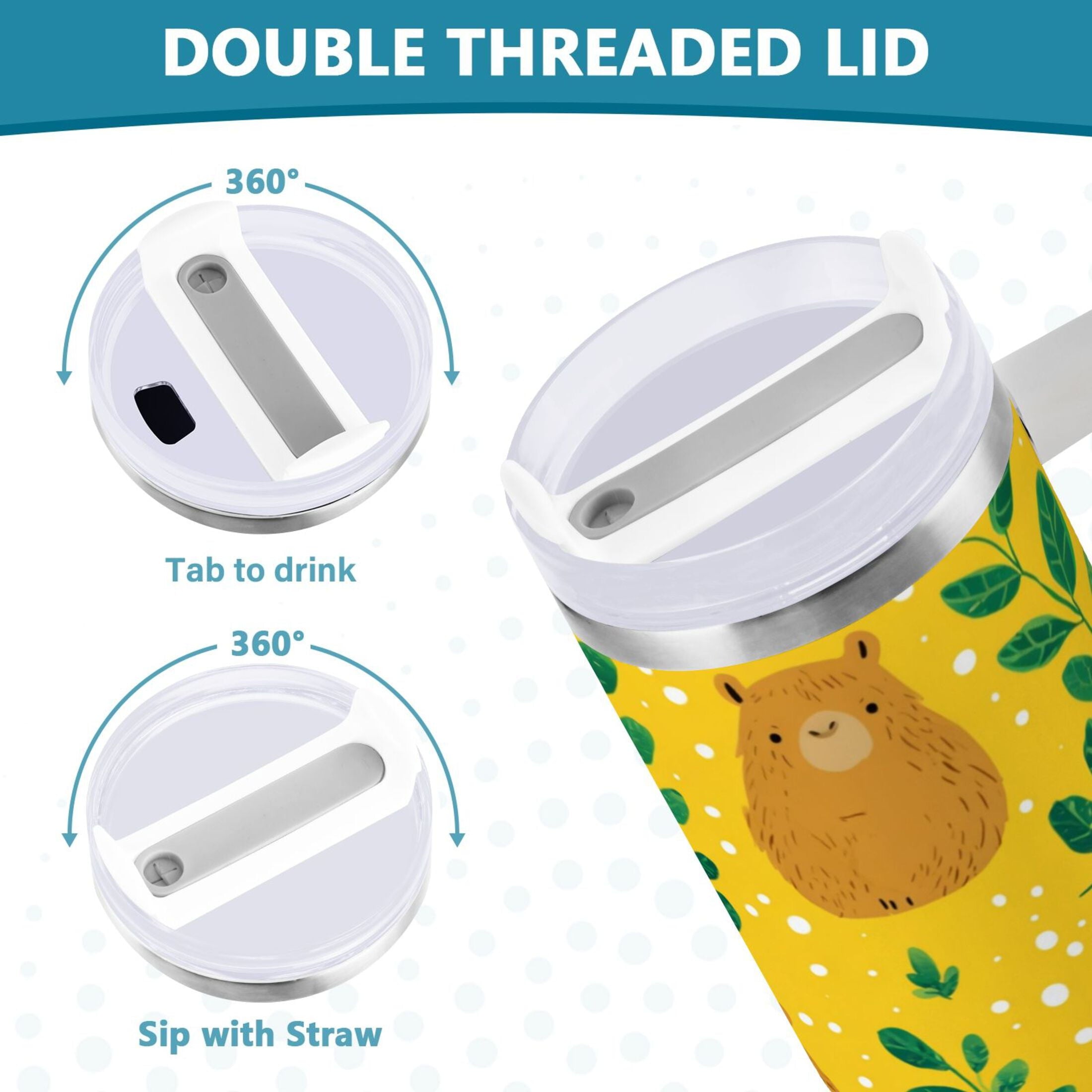 30 oz Insulated Stainless Steel Tumbler Double Wall Stainless Steel Tumbler with 2-Way Drinking Capybara and Green Leaves - P9E7