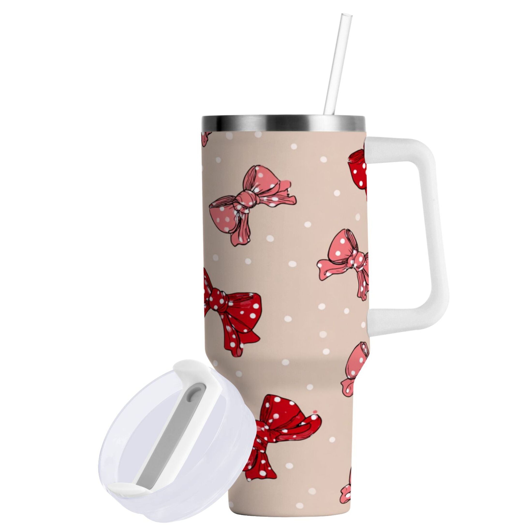 30 oz Insulated Stainless Steel Tumbler Double Wall Stainless Steel Tumbler with 2-Way Drinking Cute Red Bows Pattern - ENJH