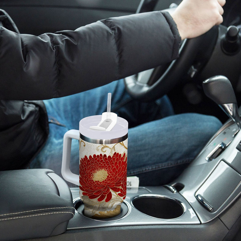 30 oz Insulated Stainless Steel Tumbler Double Wall Stainless Steel Tumbler with 2-Way Drinking Red Chrysanthemum Pattern - APW8