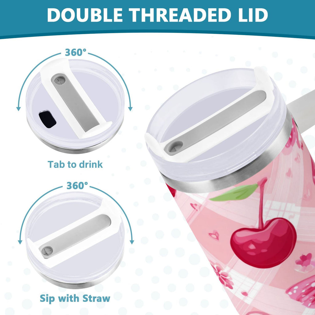 30 oz Insulated Stainless Steel Tumbler Double Wall Stainless Steel Tumbler with 2-Way Drinking Cherry and Pink Bow Pattern - MRZL