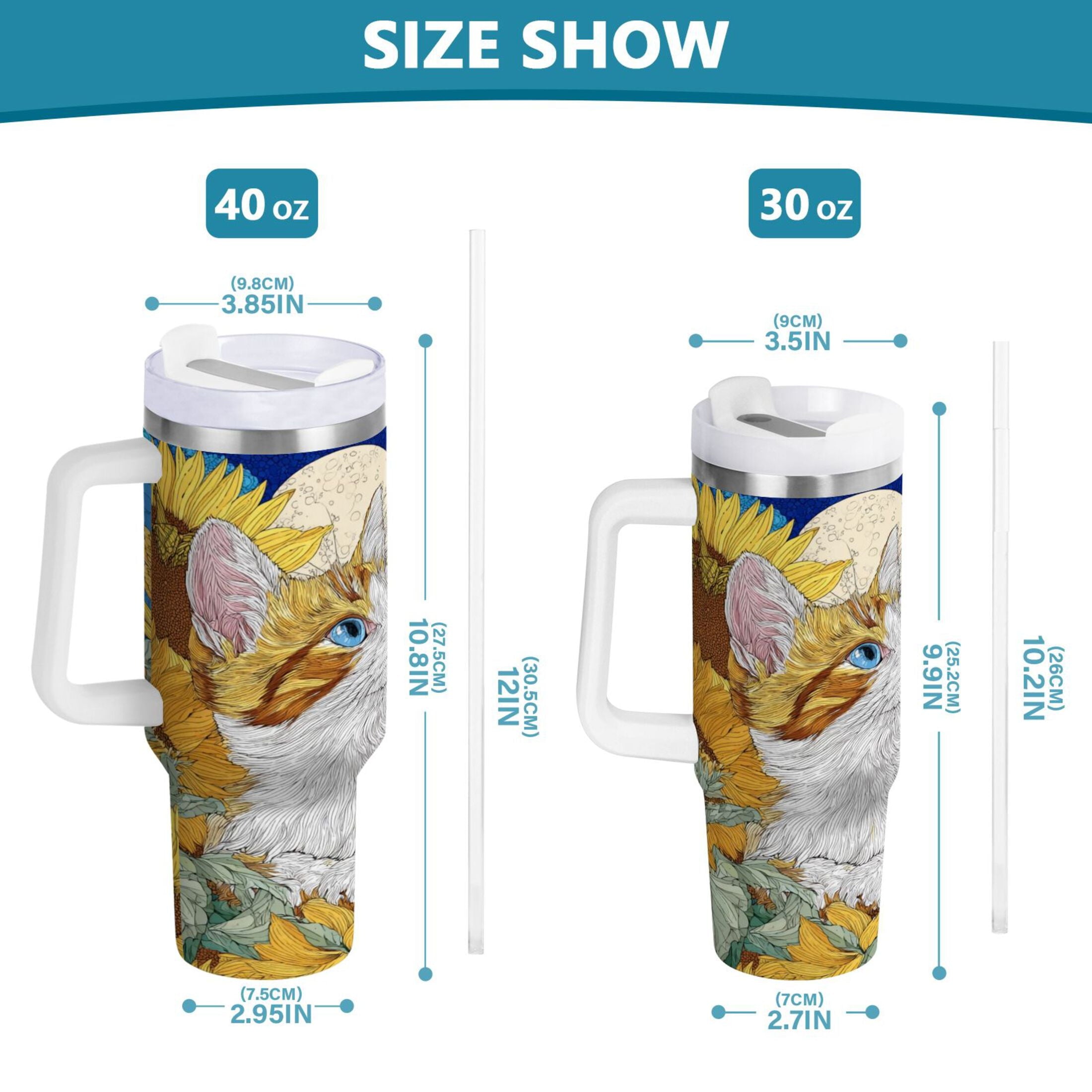 40 oz Insulated Stainless Steel Tumbler Double Wall Stainless Steel Tumbler with 2-Way Drinking Cat Lies in The Sunflowers - NLZK