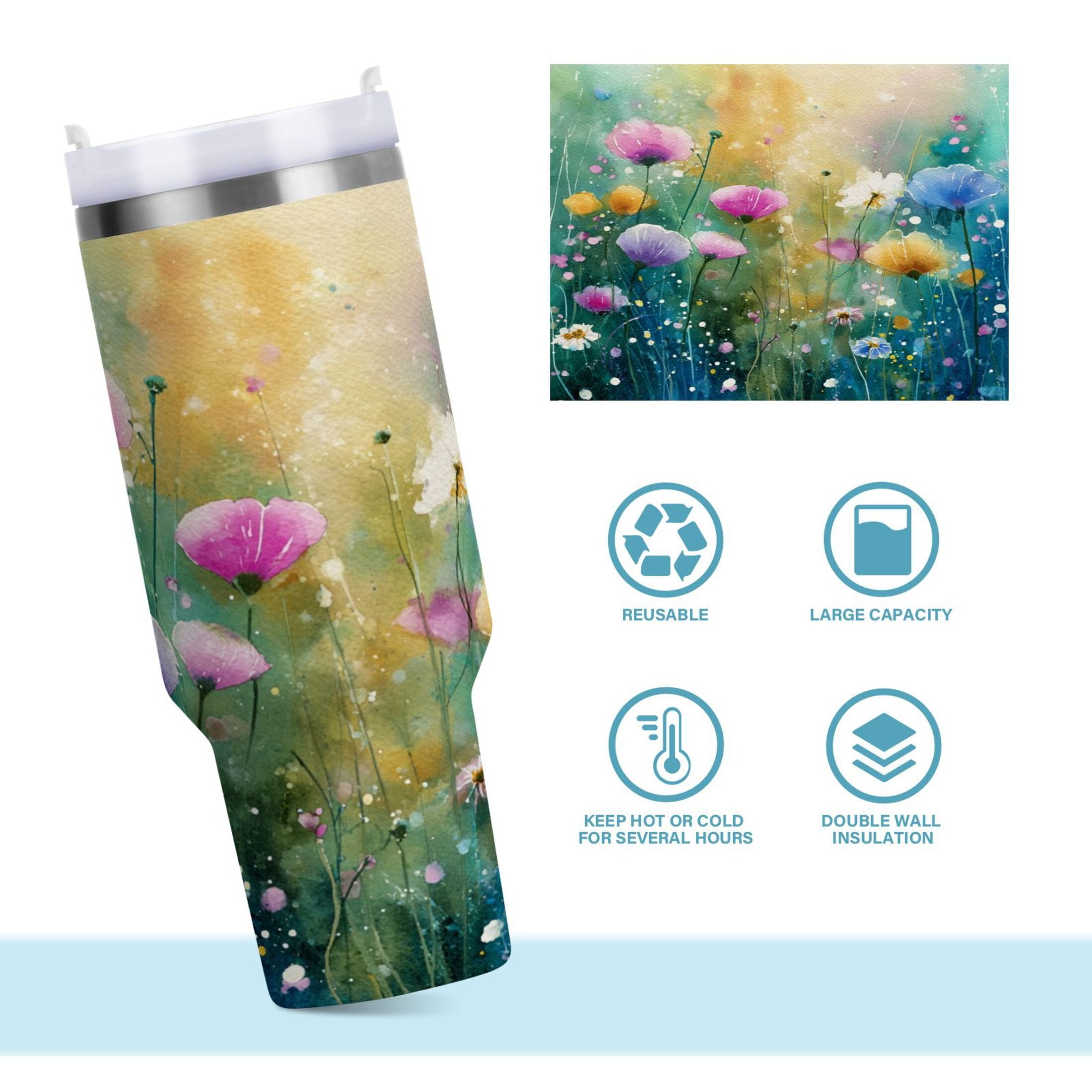 30 oz Insulated Stainless Steel Tumbler Double Wall Stainless Steel Tumbler with 2-Way Drinking Watercolor Wildflowers - X4M2