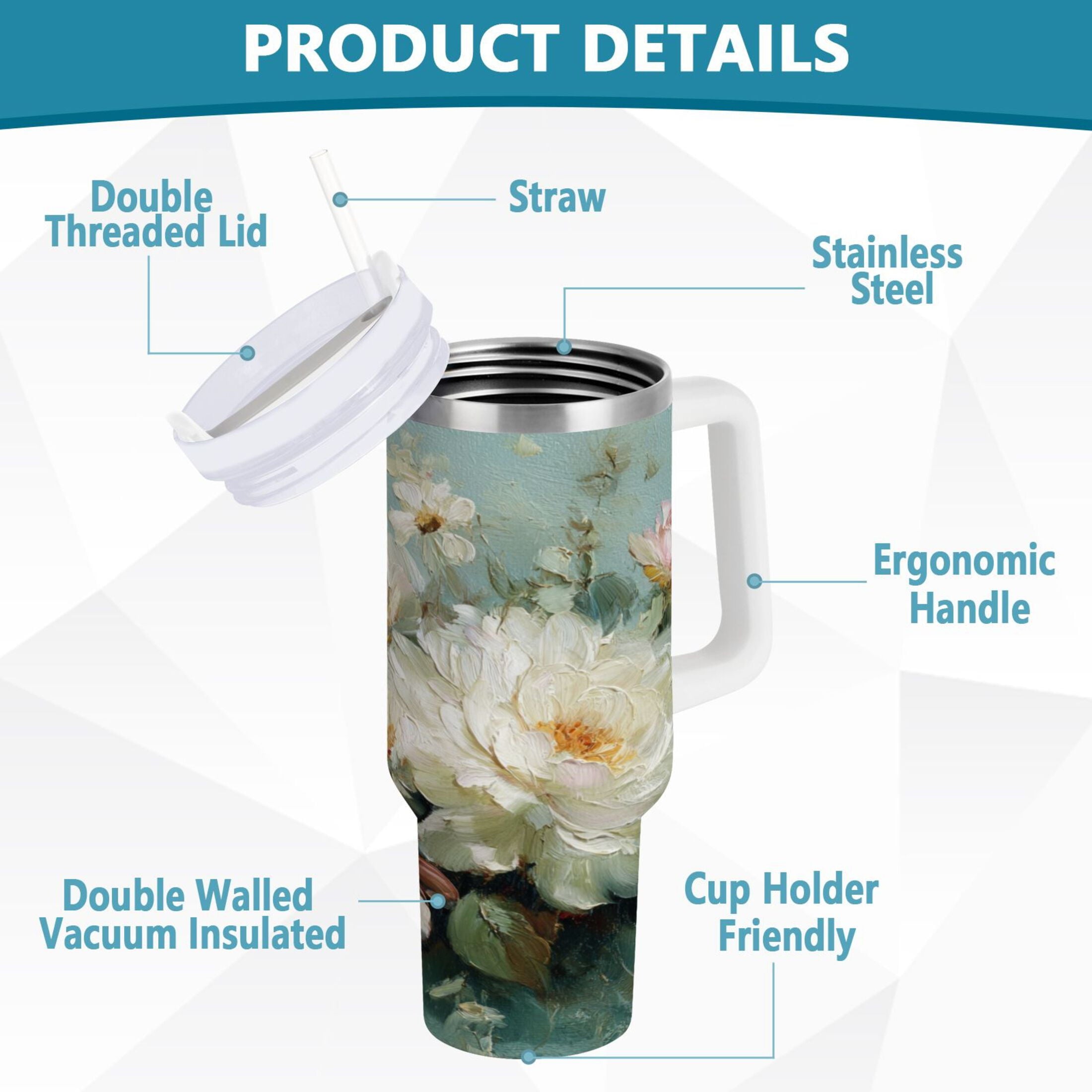 40 oz Insulated Stainless Steel Tumbler Double Wall Stainless Steel Tumbler with 2-Way Drinking Vintage Peonies and Daisies - KLSL