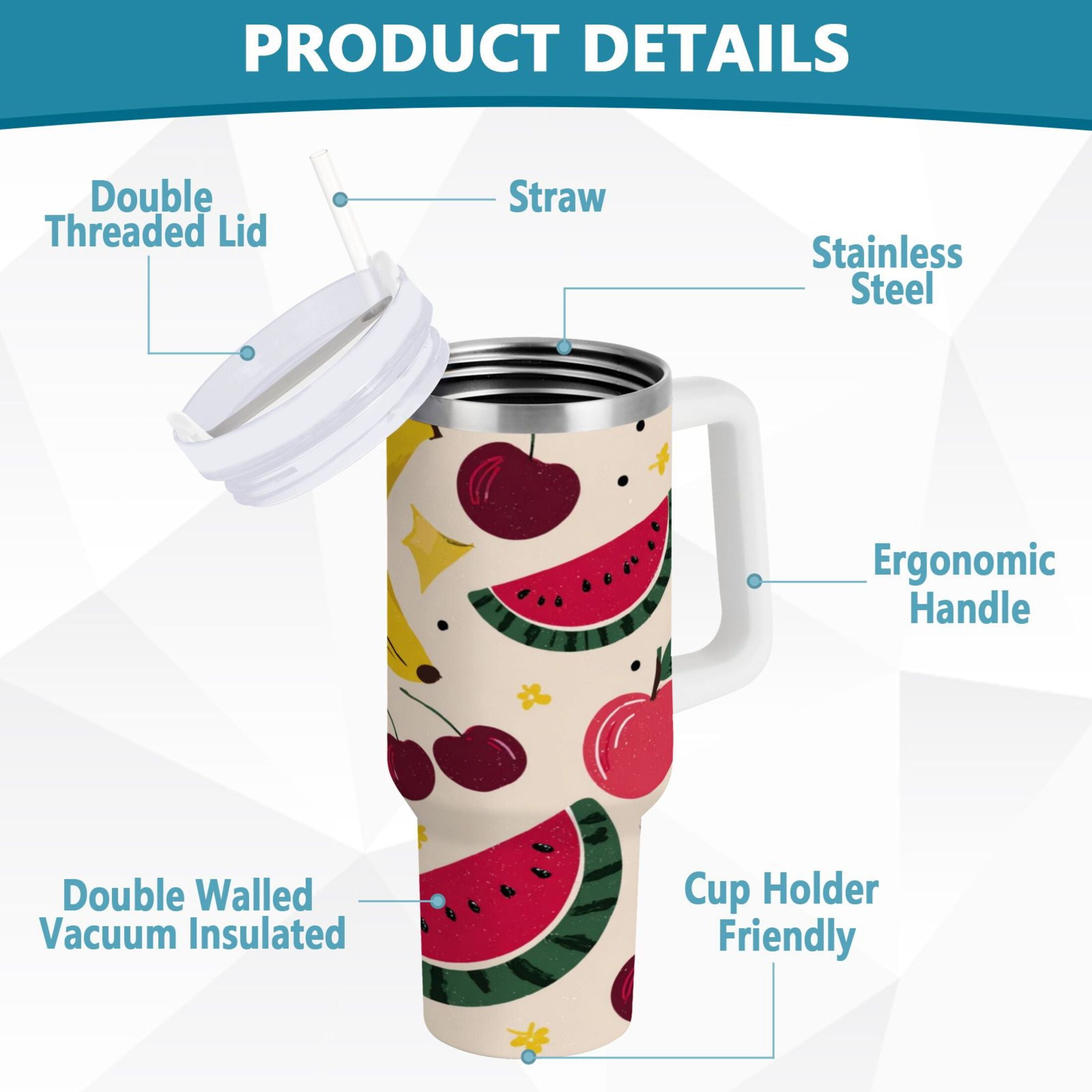 30 oz Insulated Stainless Steel Tumbler Double Wall Stainless Steel Tumbler with 2-Way Drinking Watermelon and Cherries - WK97