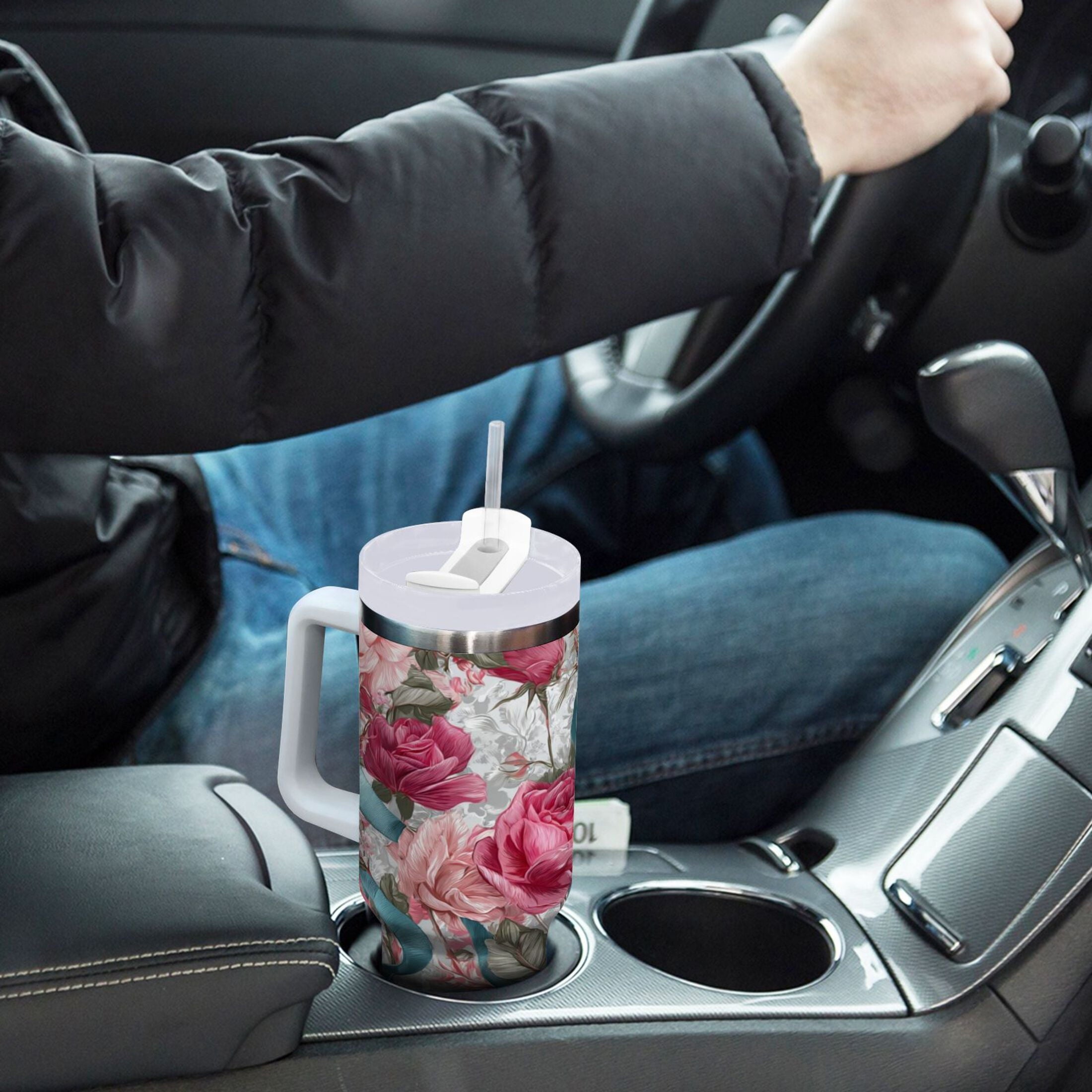 30 oz Insulated Stainless Steel Tumbler Double Wall Stainless Steel Tumbler with 2-Way Drinking Roses and Ribbons - R476