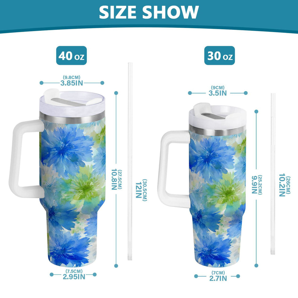 40 oz Insulated Stainless Steel Tumbler Double Wall Stainless Steel Tumbler with 2-Way Drinking Watercolor Blue Cornflowers - 475G