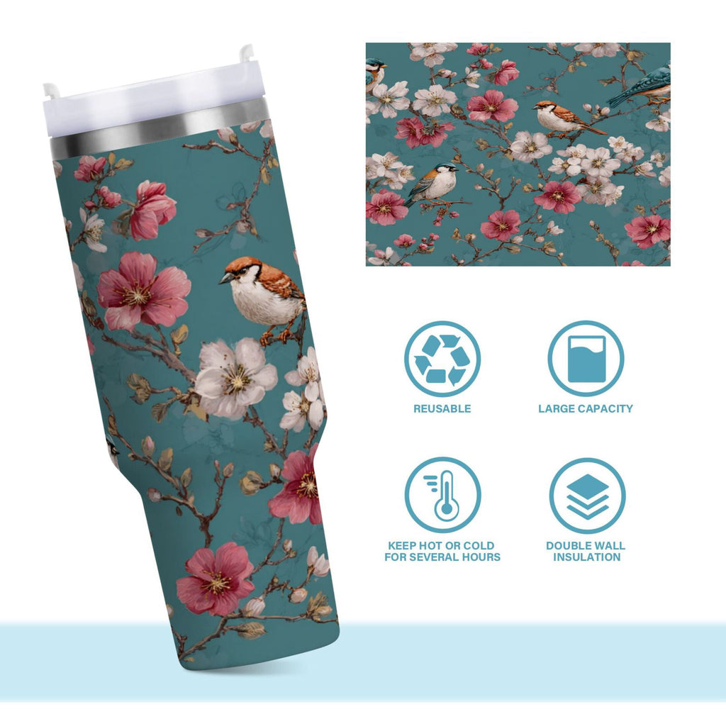 30 oz Insulated Stainless Steel Tumbler Double Wall Stainless Steel Tumbler with 2-Way Drinking Birds and Cherry Pattern - HXWC