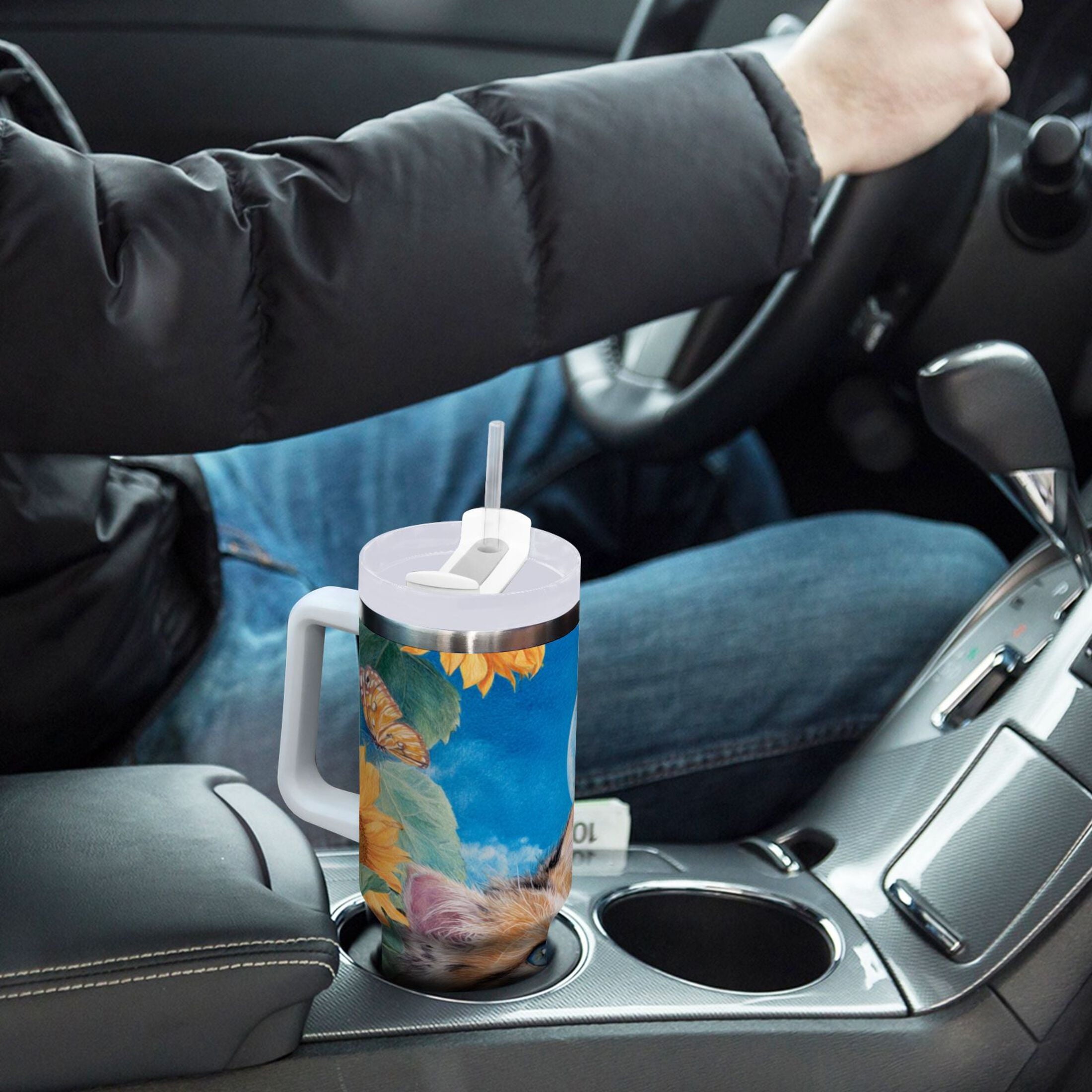 40 oz Insulated Stainless Steel Tumbler Double Wall Stainless Steel Tumbler with 2-Way Drinking Playful Cat Lying Sunflowers - F4JW