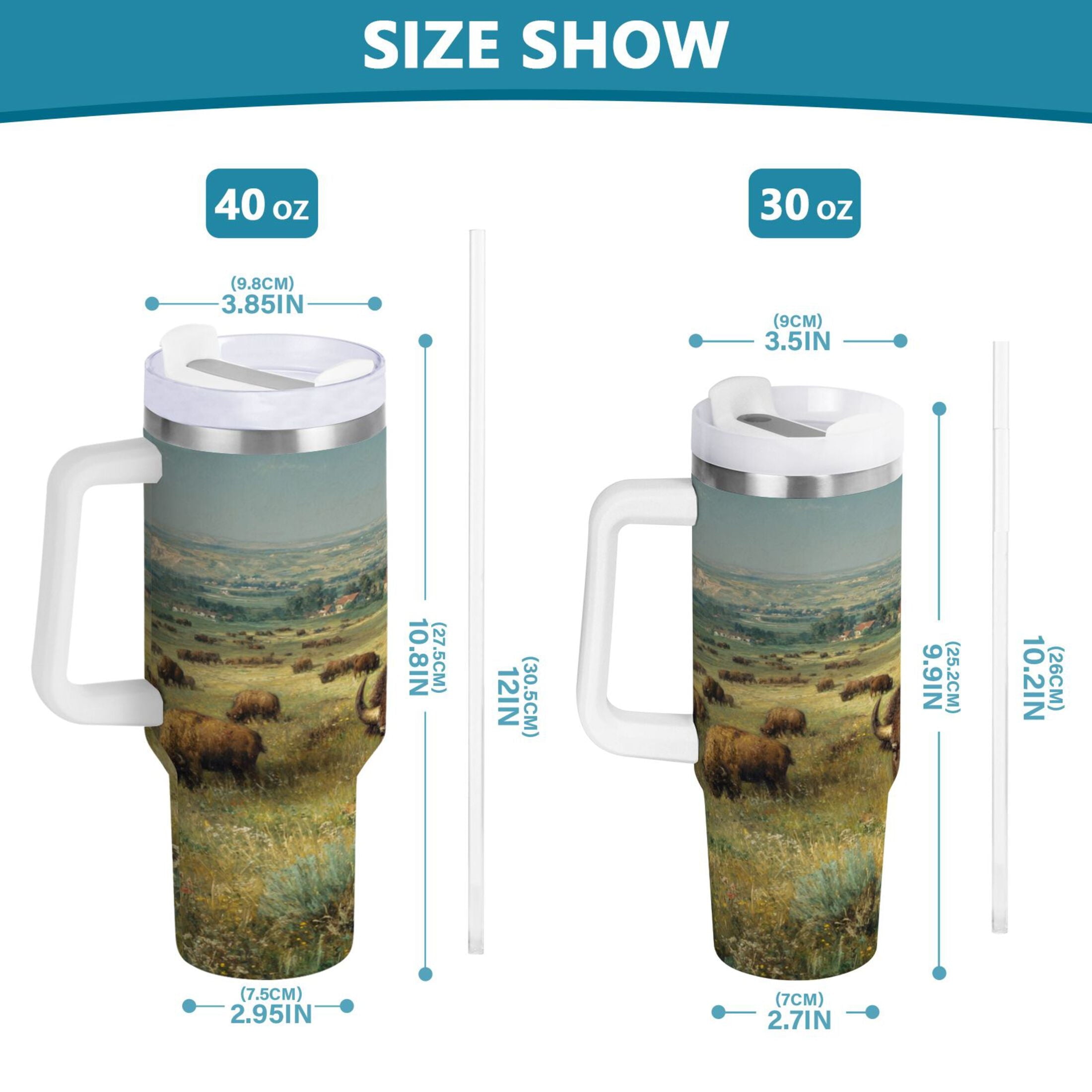 30 oz Insulated Stainless Steel Tumbler Double Wall Stainless Steel Tumbler with 2-Way Drinking Buffalo Herd Oil Painting - 6HHS