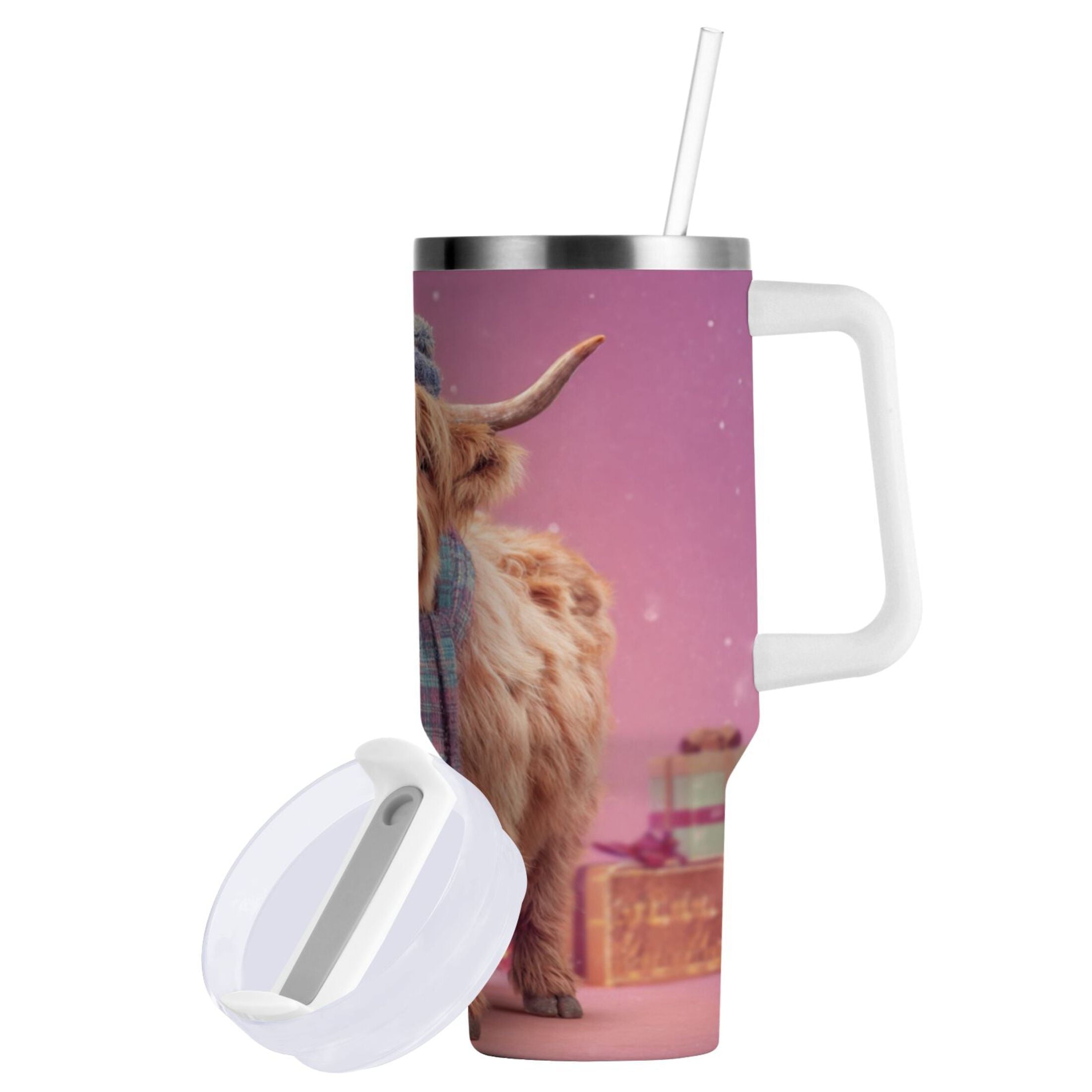 30 oz Insulated Stainless Steel Tumbler Double Wall Stainless Steel Tumbler with 2-Way Drinking Cow Wearing Christmas - 6PSV