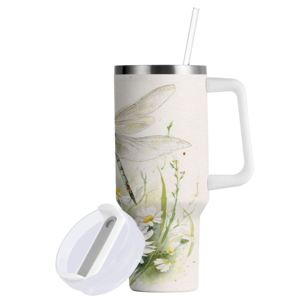 30 oz Insulated Stainless Steel Tumbler Double Wall Stainless Steel Tumbler with 2-Way Drinking Dragonflies with White Daisies - K9Q7