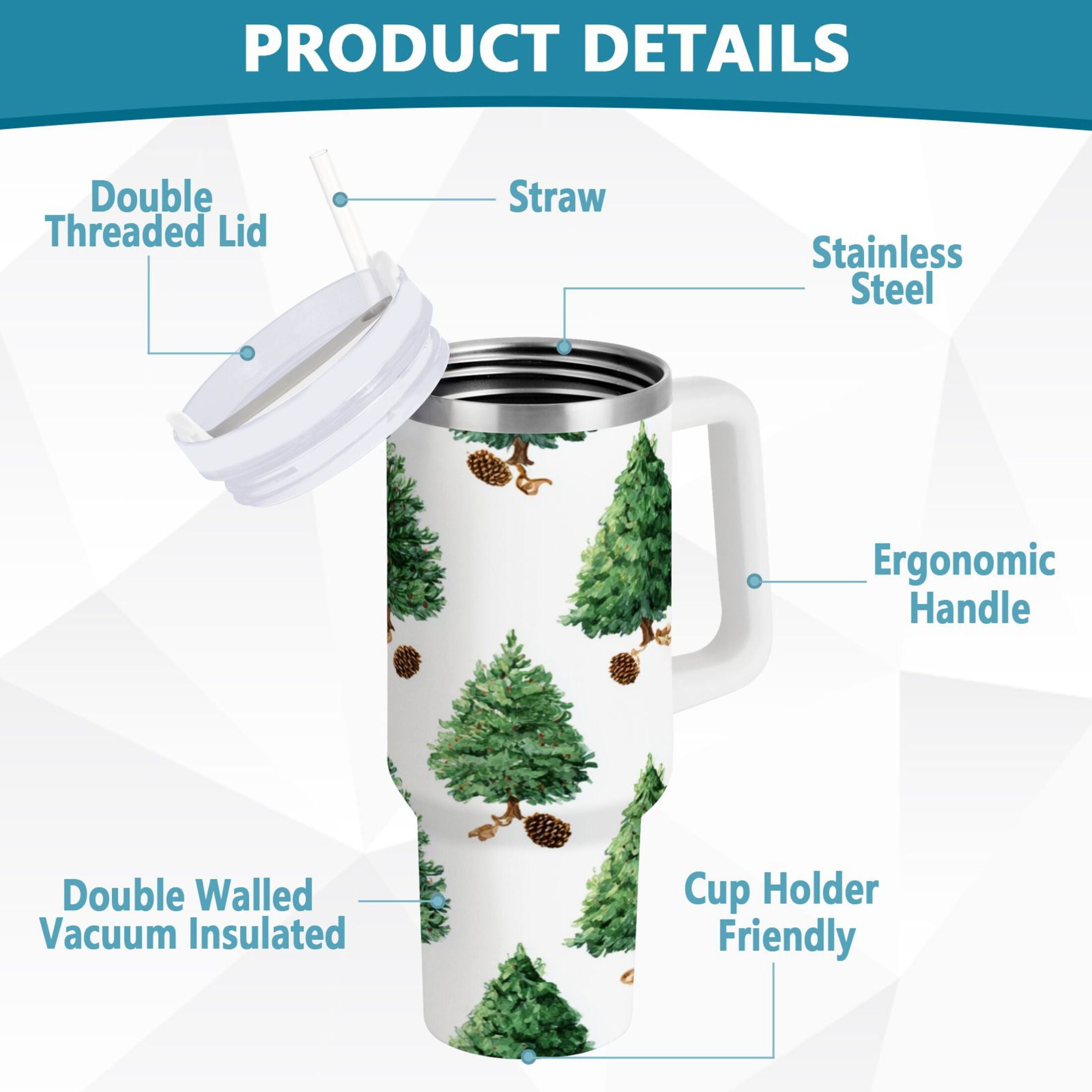 30 oz Insulated Stainless Steel Tumbler Double Wall Stainless Steel Tumbler with 2-Way Drinking Watercolor Green Christmas Tree - C538