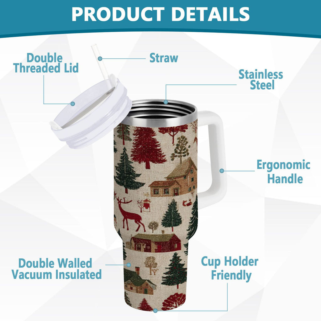 30 oz Insulated Stainless Steel Tumbler Double Wall Stainless Steel Tumbler with 2-Way Drinking Christmas Trees Deer and Houses - 84CJ