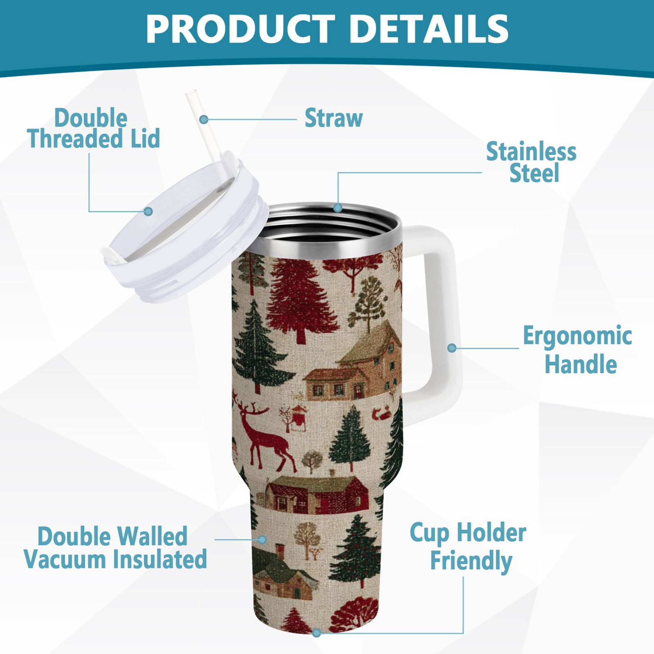 30 oz Insulated Stainless Steel Tumbler Double Wall Stainless Steel Tumbler with 2-Way Drinking Christmas Trees Deer and Houses - 84CJ