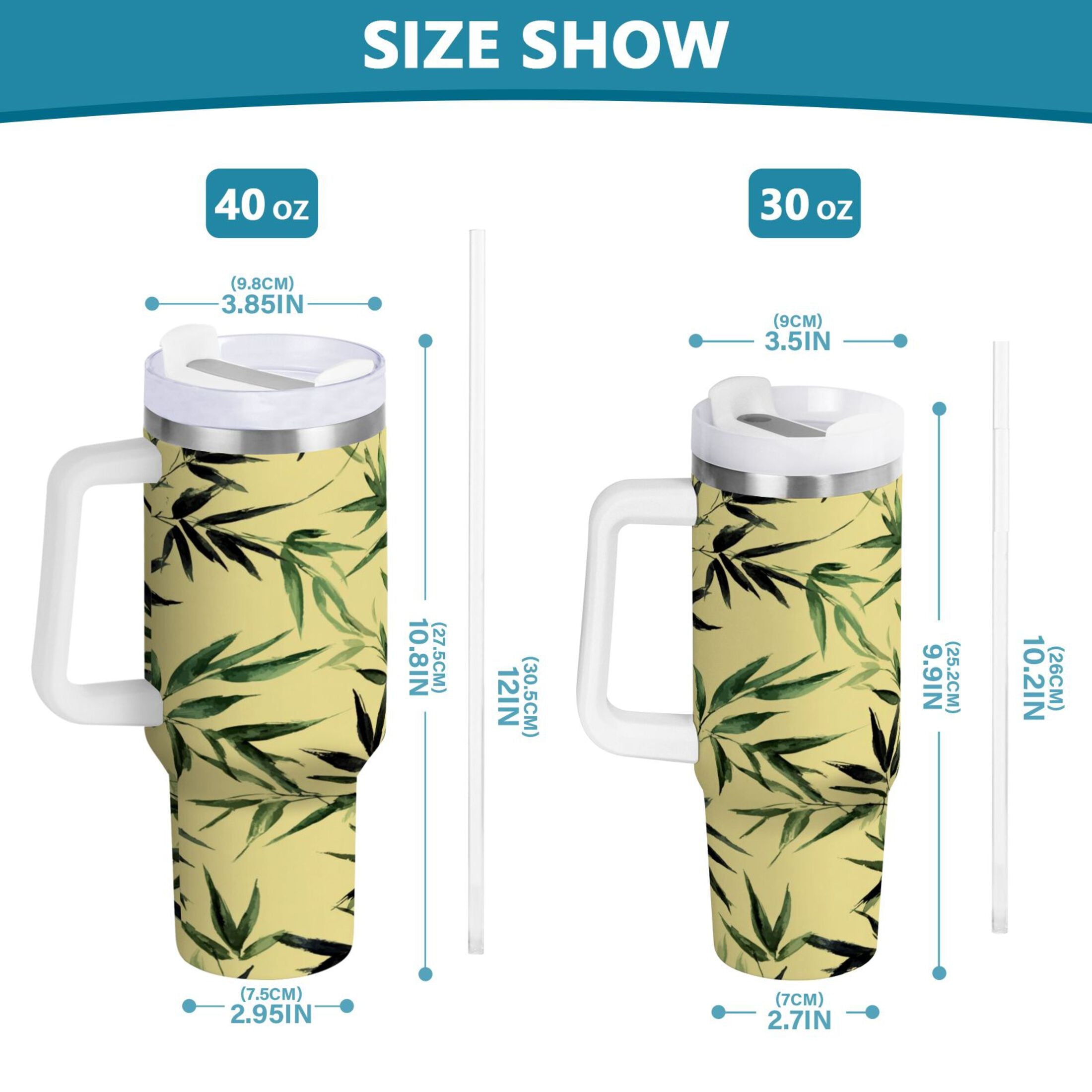 30 oz Insulated Stainless Steel Tumbler Double Wall Stainless Steel Tumbler with 2-Way Drinking Bamboo and Green Leaves - 9ZP9