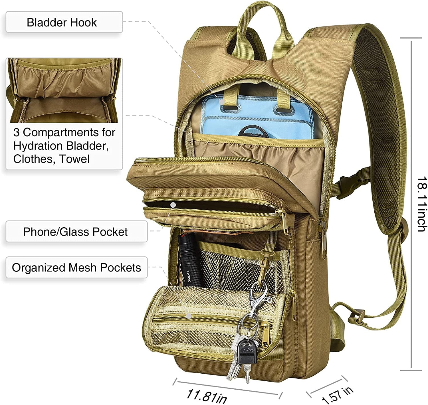 Brightify 17L Hydration Backpack with 3L TPU Water Bladder, Camel Backpack Hydration Pack for Hiking Hunting Climbing Cycling Biking Running, Molle Compatible Water Backpack for Men Women, Black - 75LG