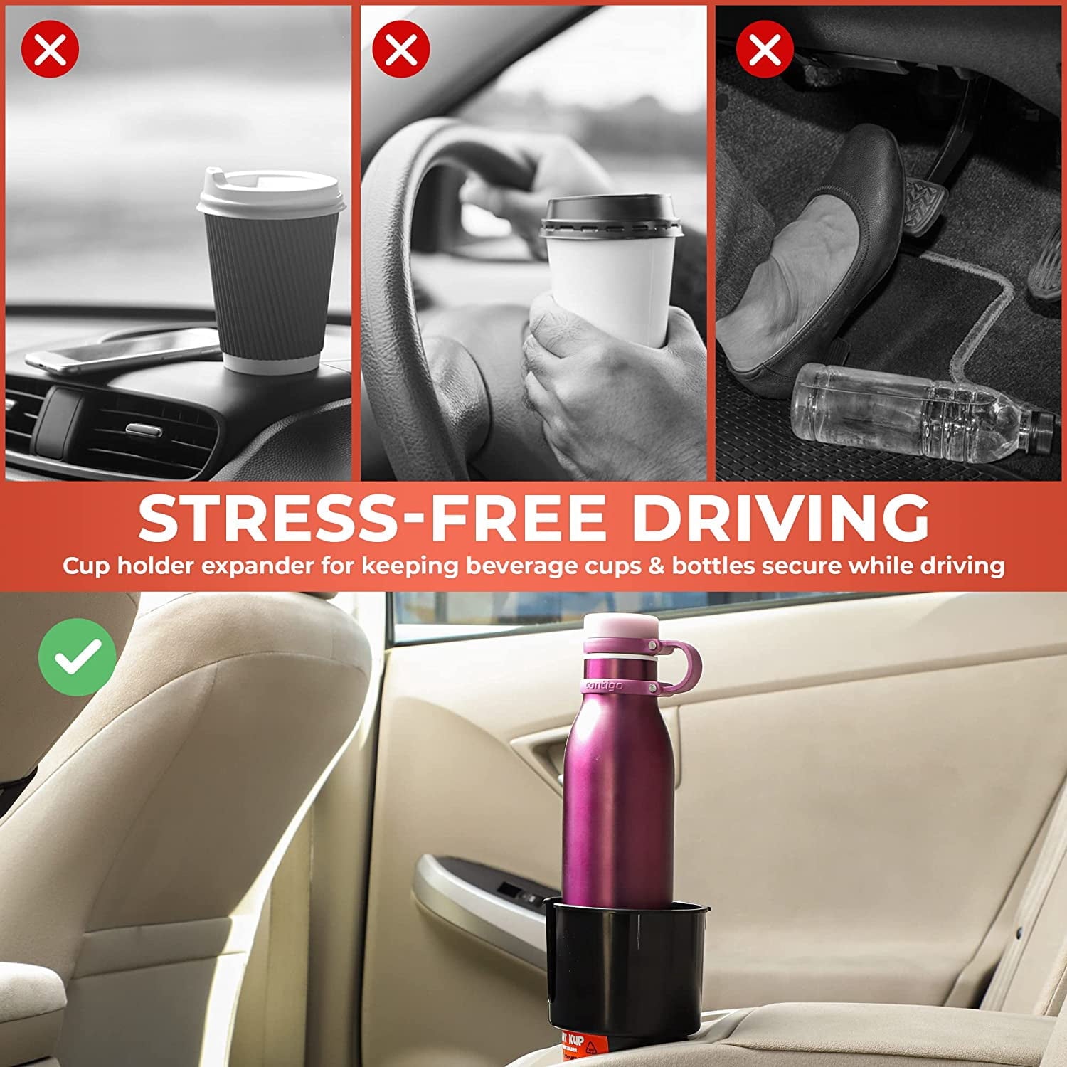 Cup Holder Expander - Fits Hydro Flasks 32/40 oz, Nalgene,  &amp; Large Bottles up to 3.8  Wide - for  up to 3.2  Wide - Black - CYDM